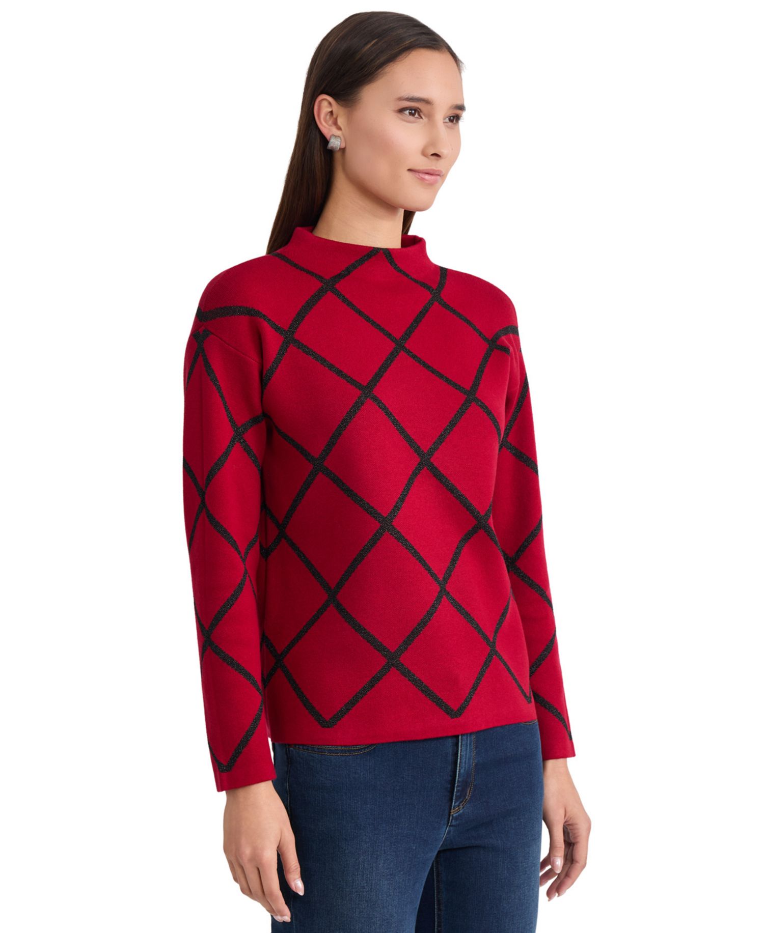 Women's Lurex Diamond Mock Neck Long-Sleeve Sweater