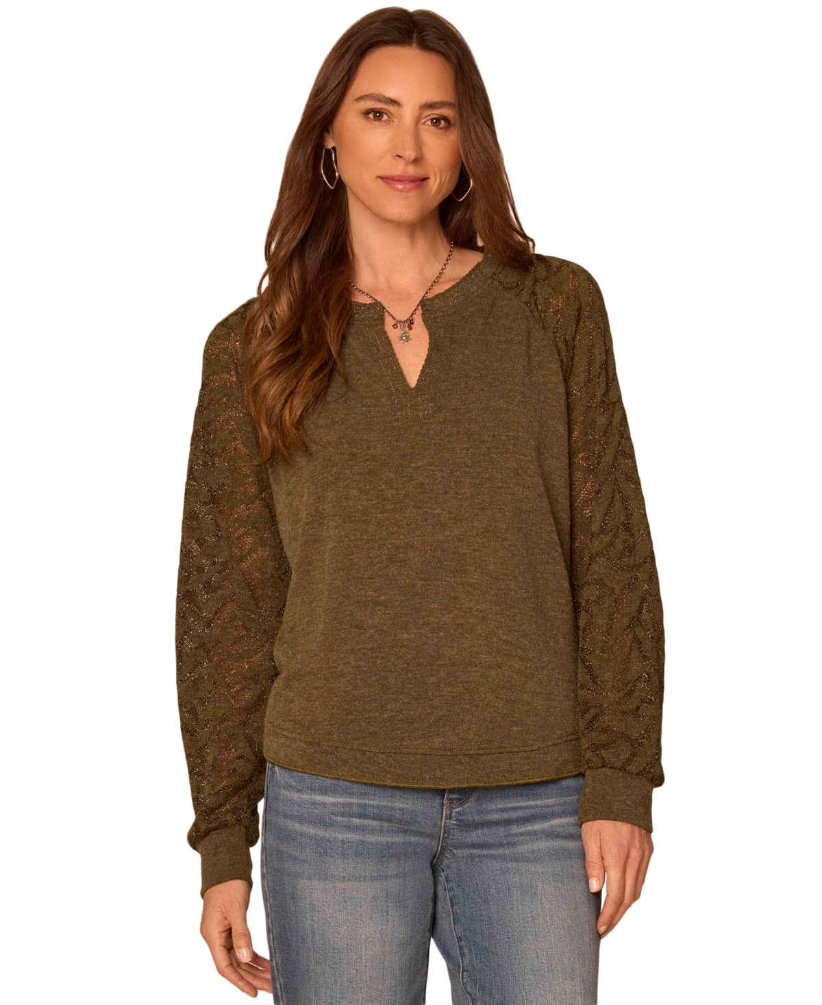 Democracy Petite Mandarin Collar Cable-knit Long-sleeve Half-placket Knit Top In Heather Jungle Moss