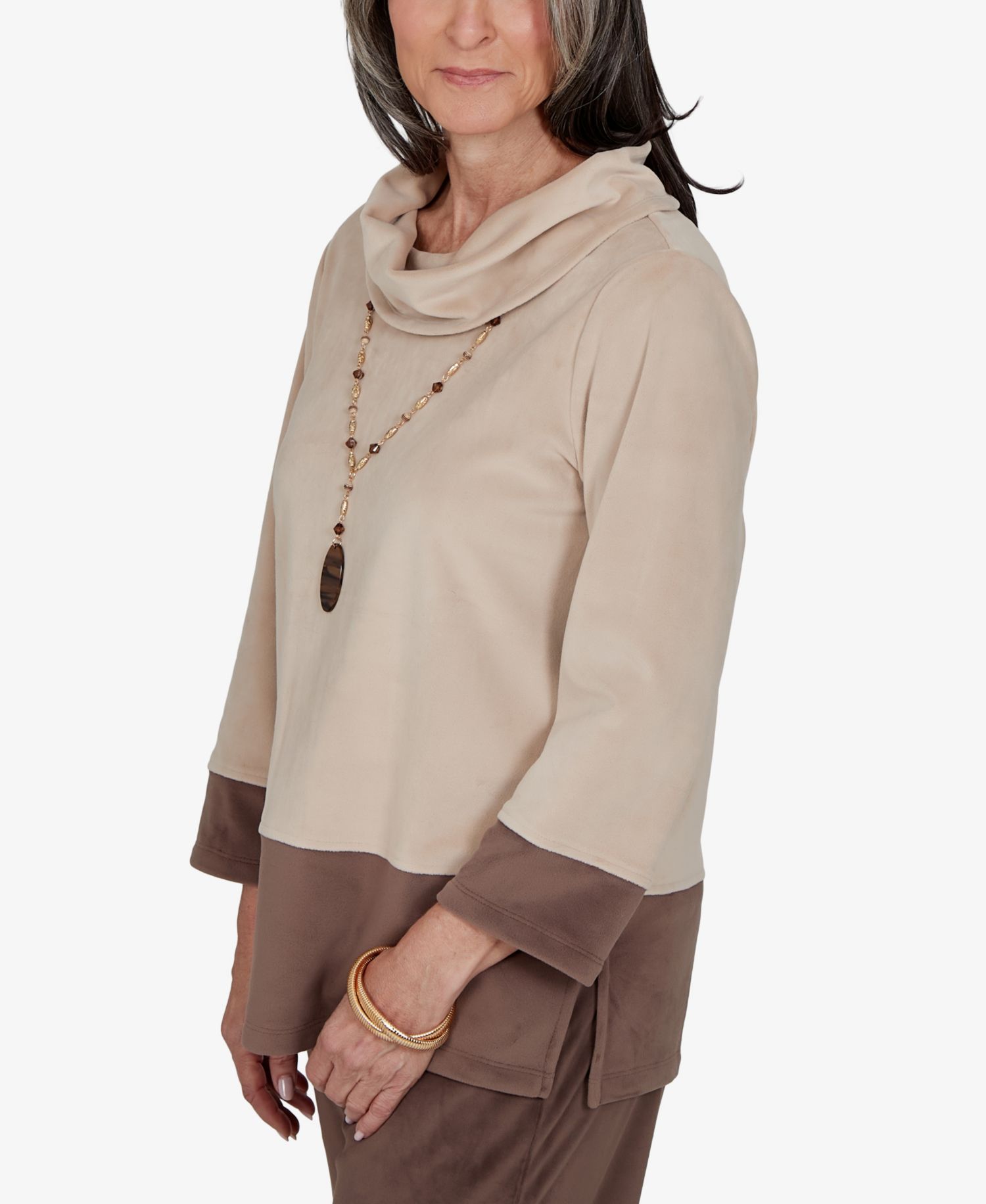 Petite Calm Luxe Colorblock Cowl-Neck 3/4-Sleeve Top