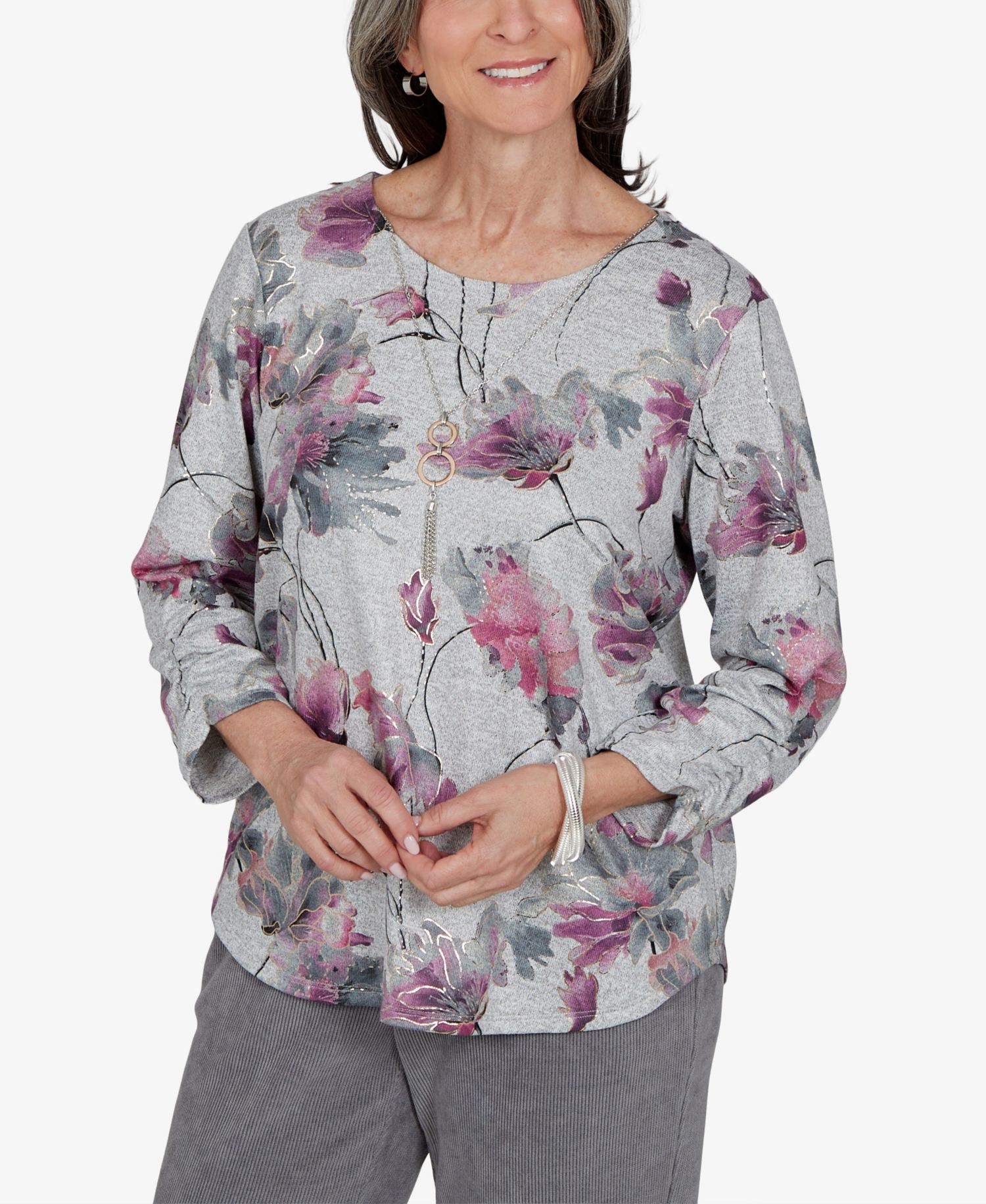 Petite Floral-Print 3/4-Sleeve Curved-Hem Blouse