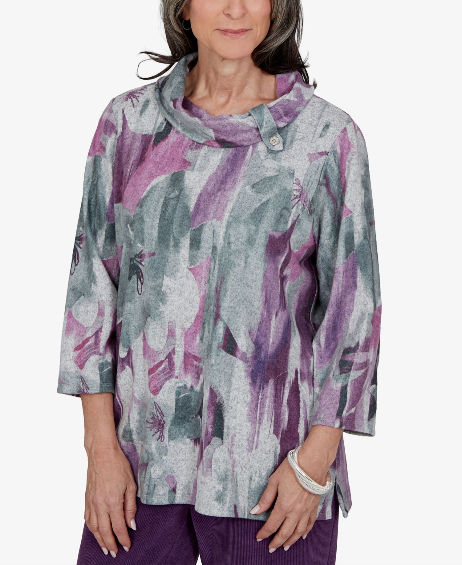 Petite Floral-Print Cowl Neck 3/4-Sleeve Tunic Top