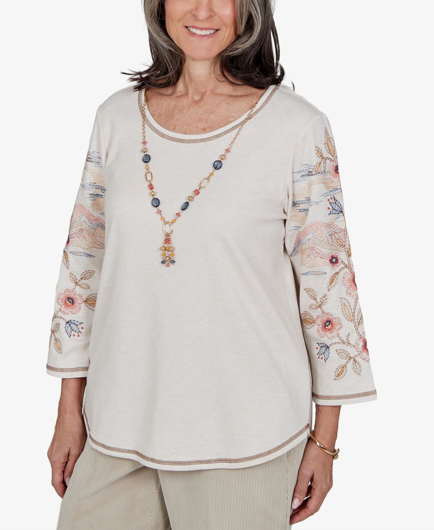 Petite Crewneck 3/4-Sleeve Curved-Hem Blouse