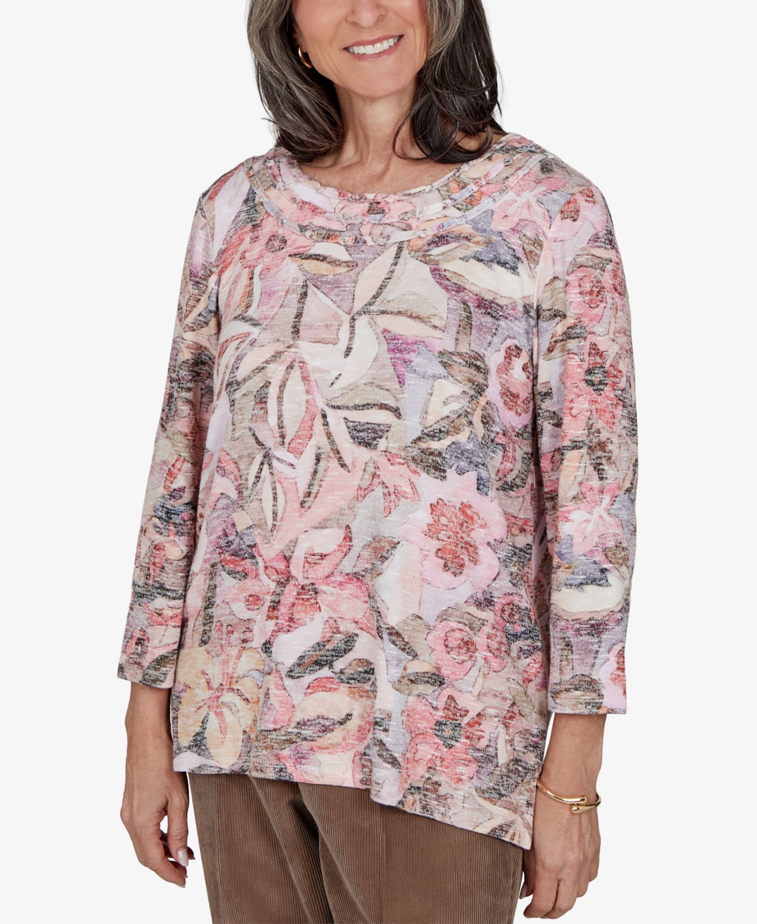 Petite Floral-Print 3/4-Sleeve Side-Slit Blouse