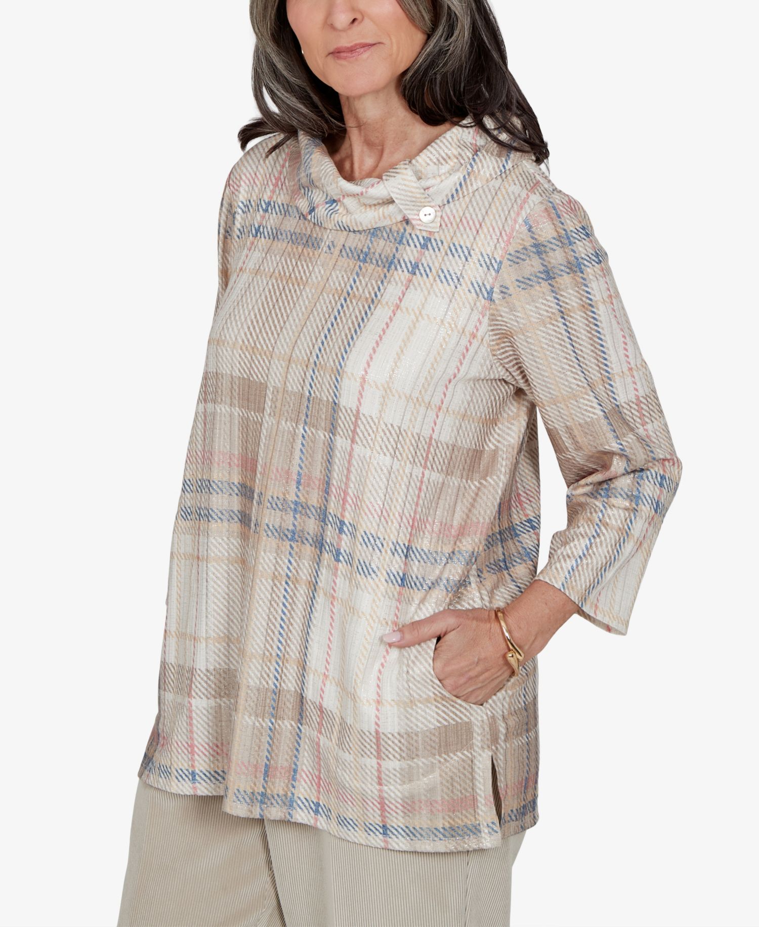 Petite Plaid Cowl Neck 3/4-Sleeve Tunic Top