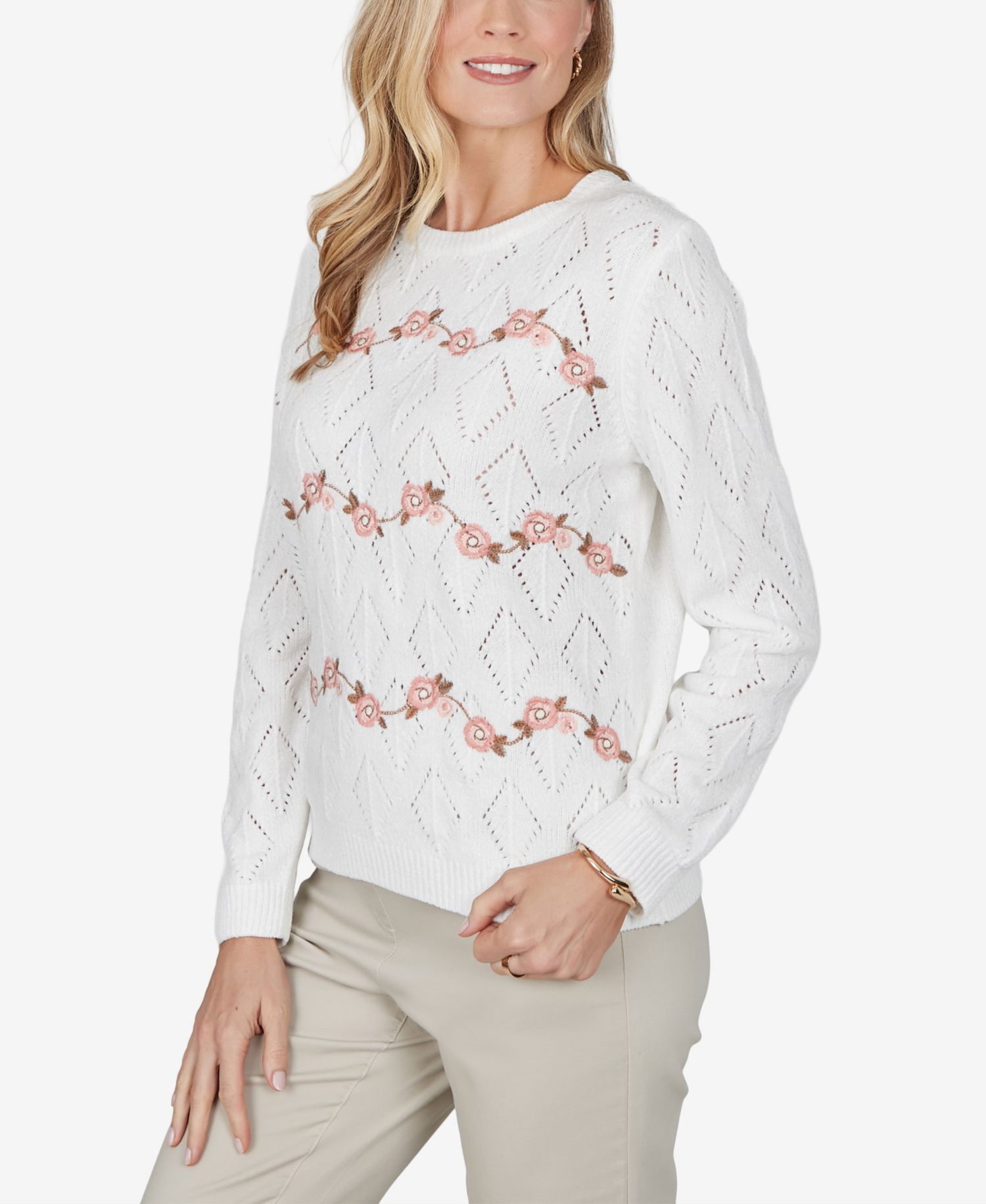 Petite Cable-Knit Floral-Embroidered Lightweight Sweater