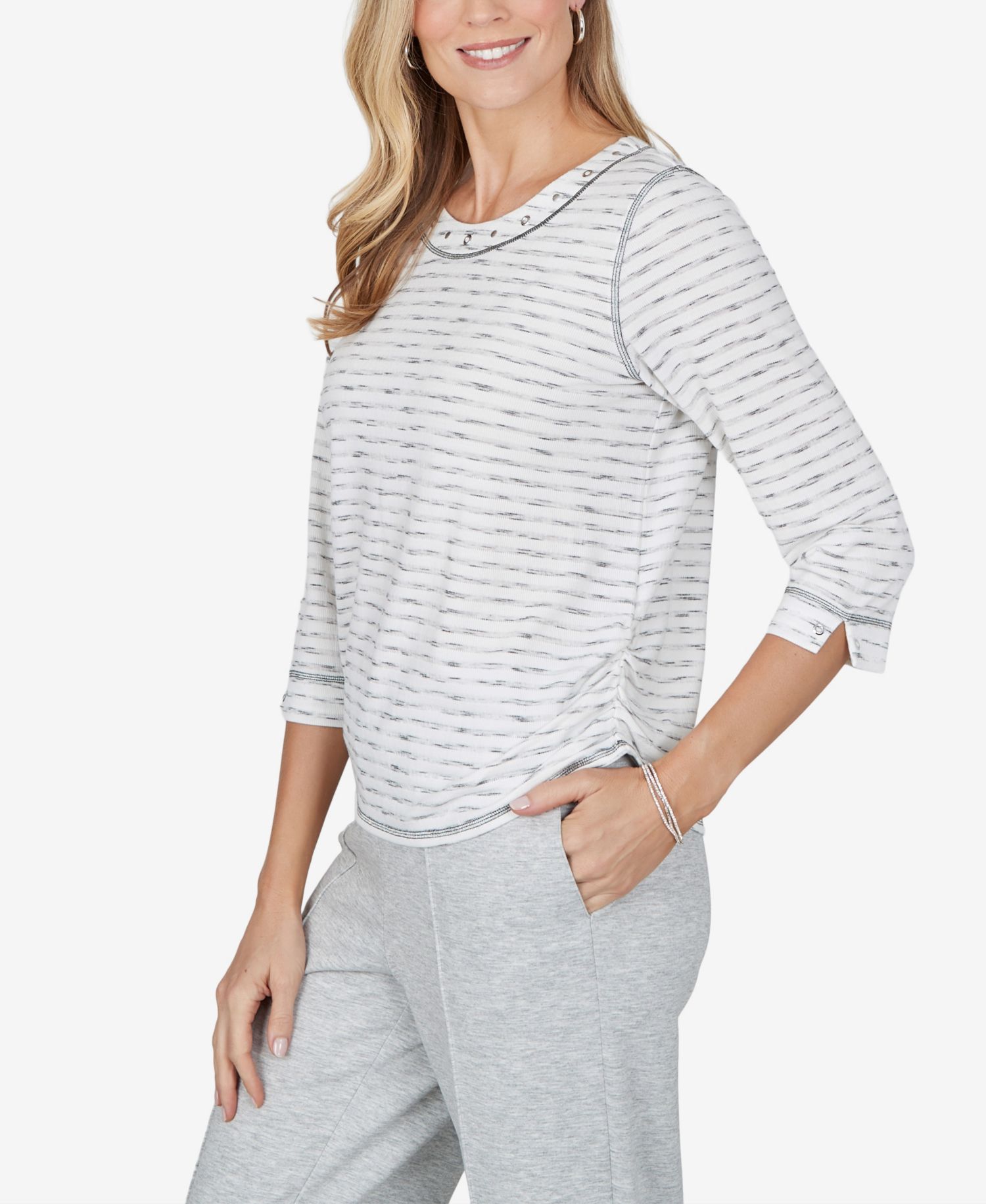 Petite Crewneck Ruched 3/4-Sleeve T-Shirt