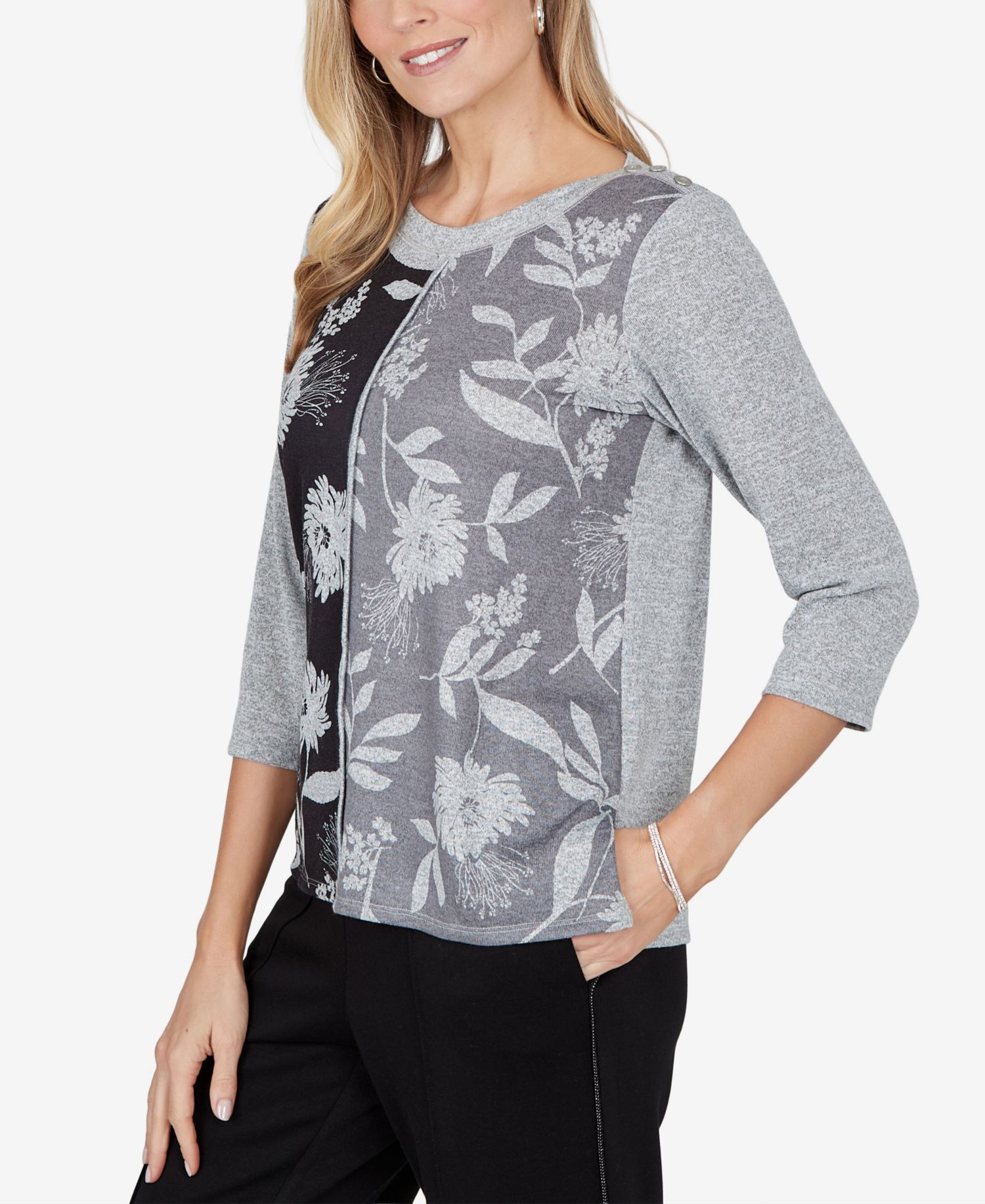 Petite Floral-Print Boat Neck Side Slit Blouse