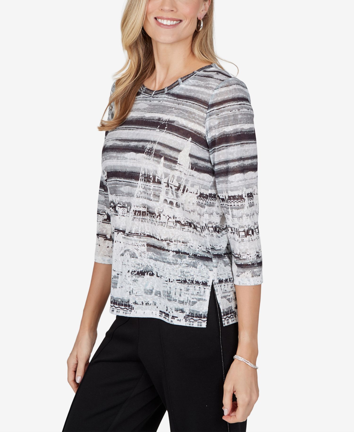 Petite 3/4-Sleeve Crewneck Side-Slit Blouse
