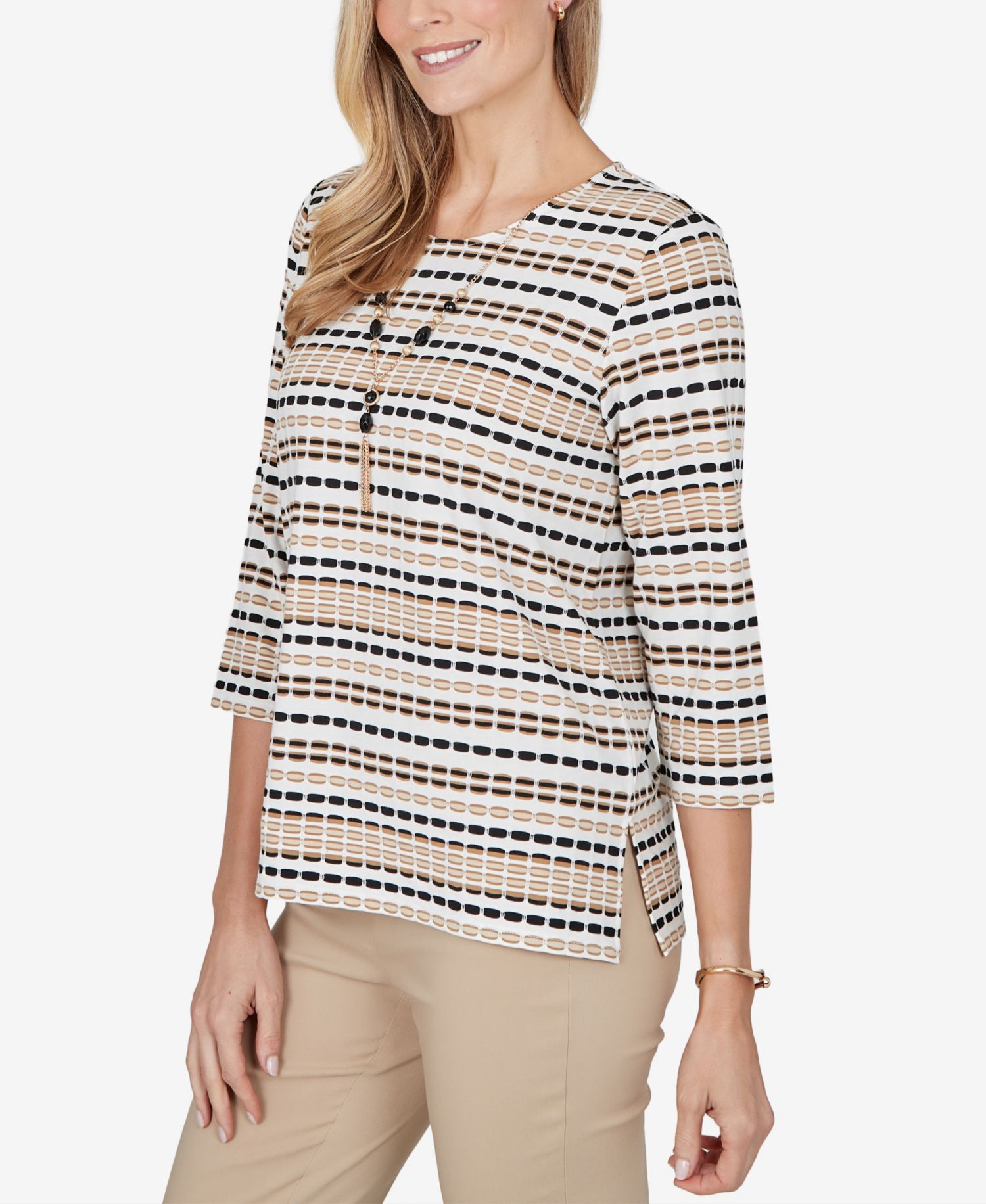 Petite 3/4-Sleeve Crewneck Stripe Blouse