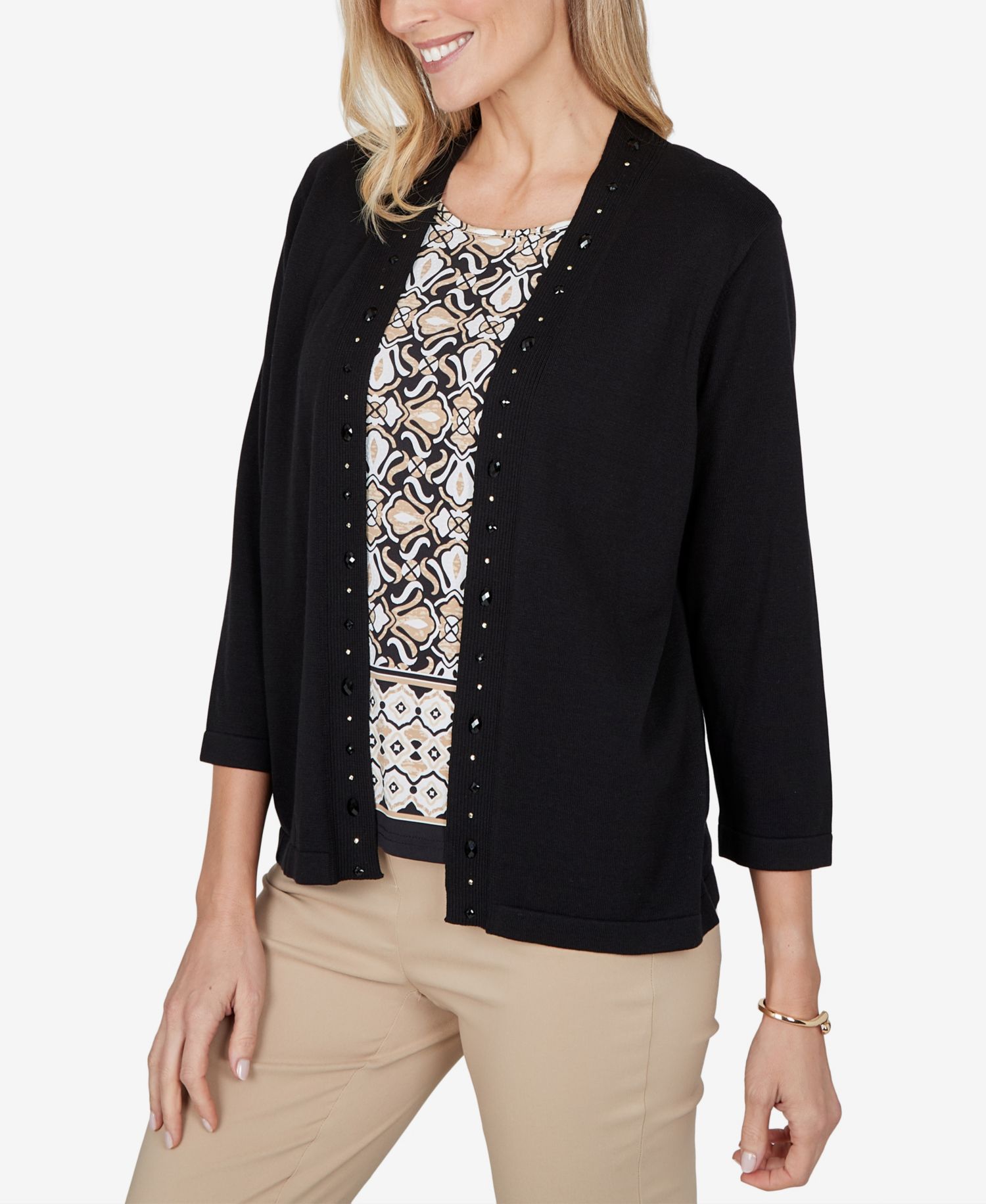 Petite Shawl-Collar Embellished 3/4-Sleeve Cardigan Sweater
