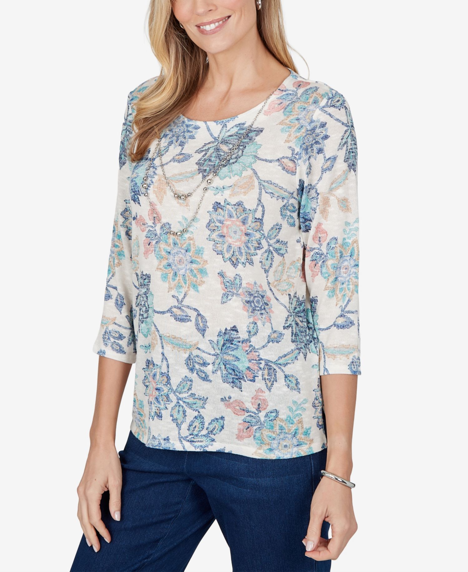 Petite Floral-Print 3/4-Sleeve Side-Slit Blouse