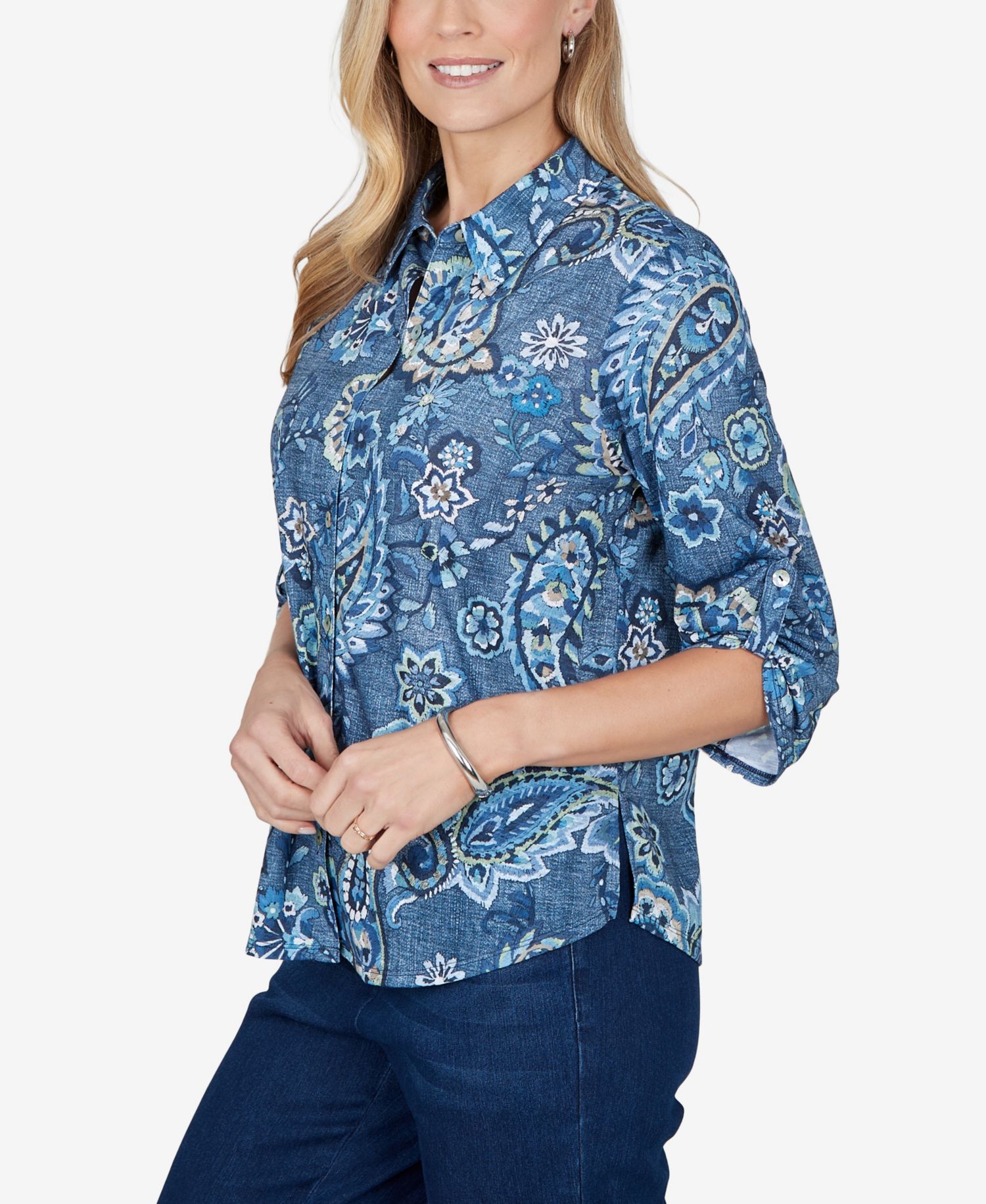 Petite Paisley 3/4-Sleeve Roll-Tab Top
