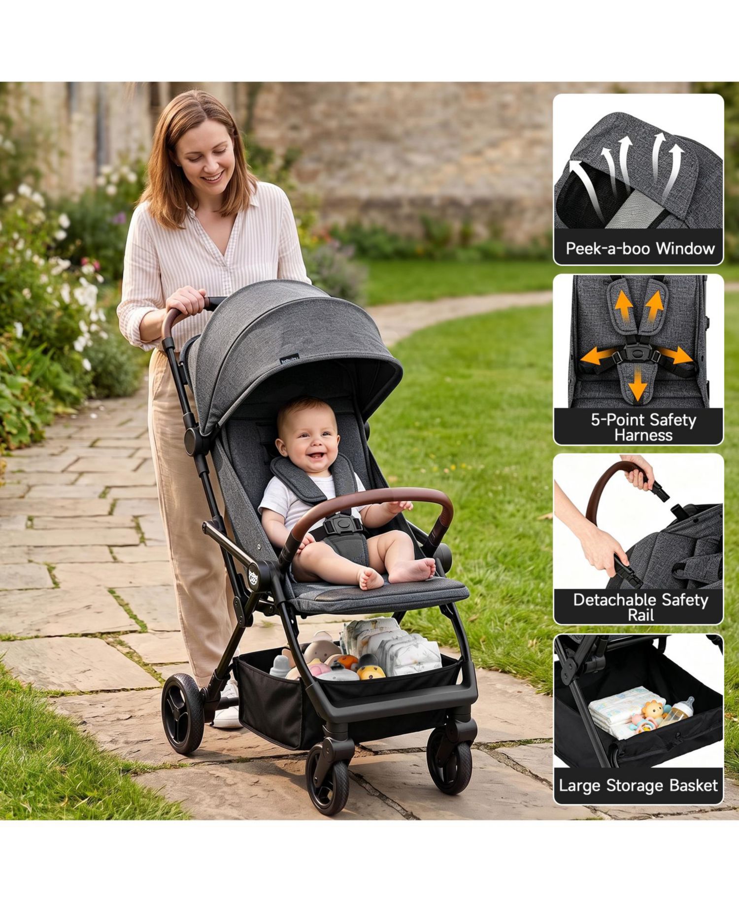 Lightweight Baby Stroller w/One-Hand Folding Adjustable Canopy Backrest Footrest