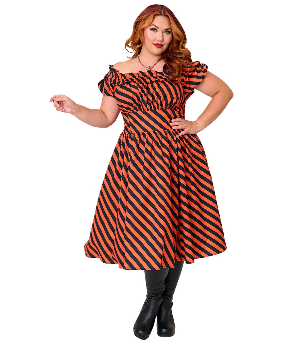 Unique Vintage Plus Size 1950s Off The Shoulder Ruffle Swing Dress - Orange  black stripe