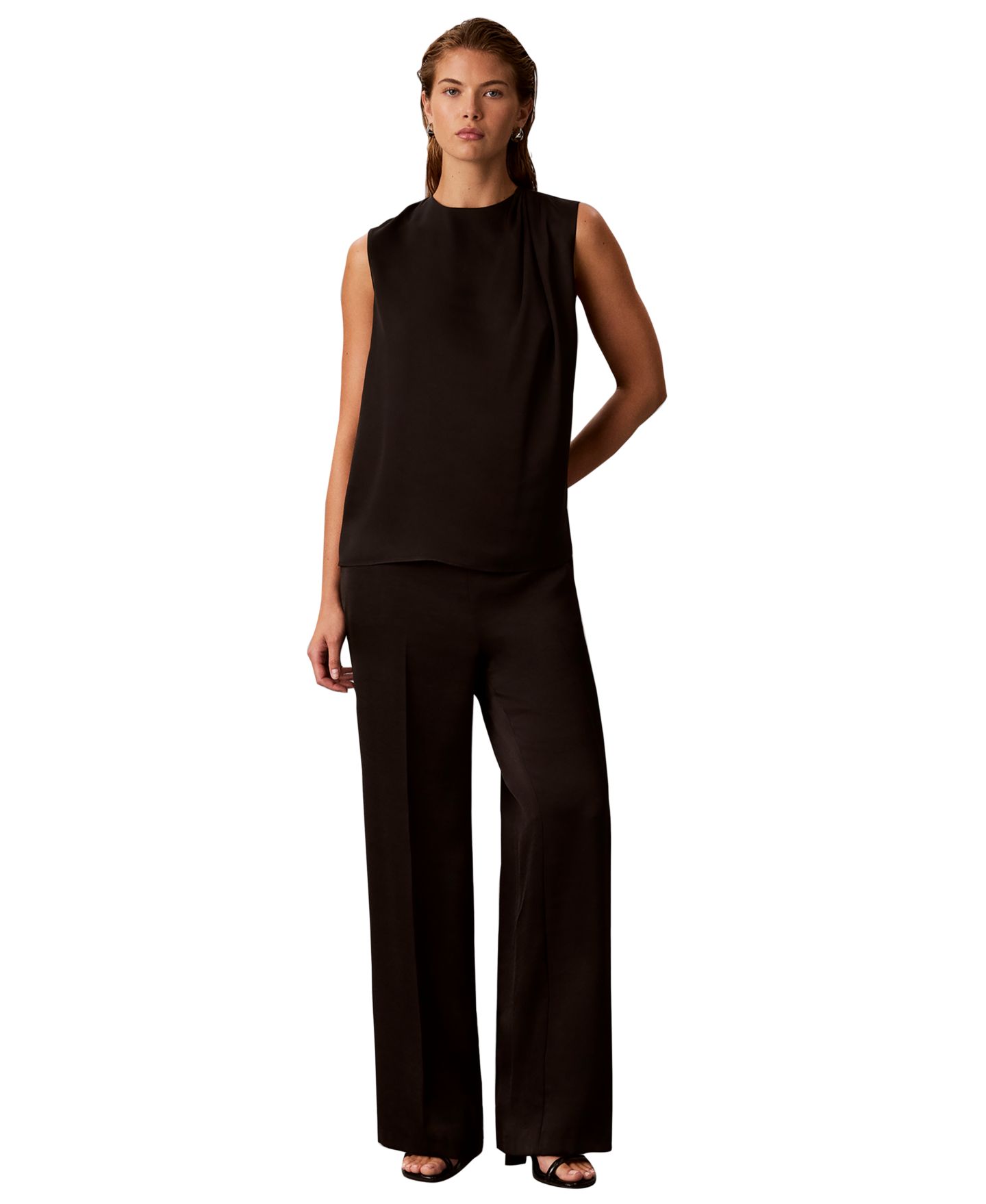 Женский топ Calvin Klein Sleeveless Satin Pleated-Crewneck, цвет: Чёрный — фото 2