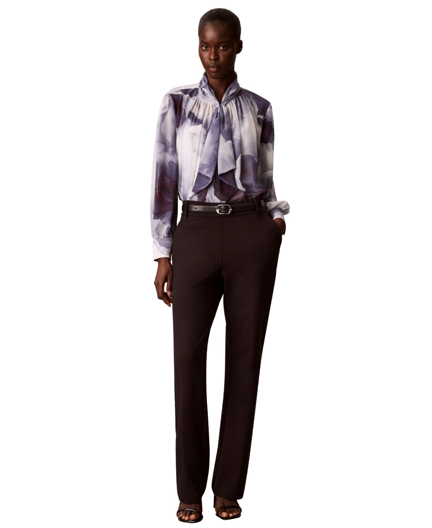 Women's Ruffle Neck Floral-Print Chiffon Blouse