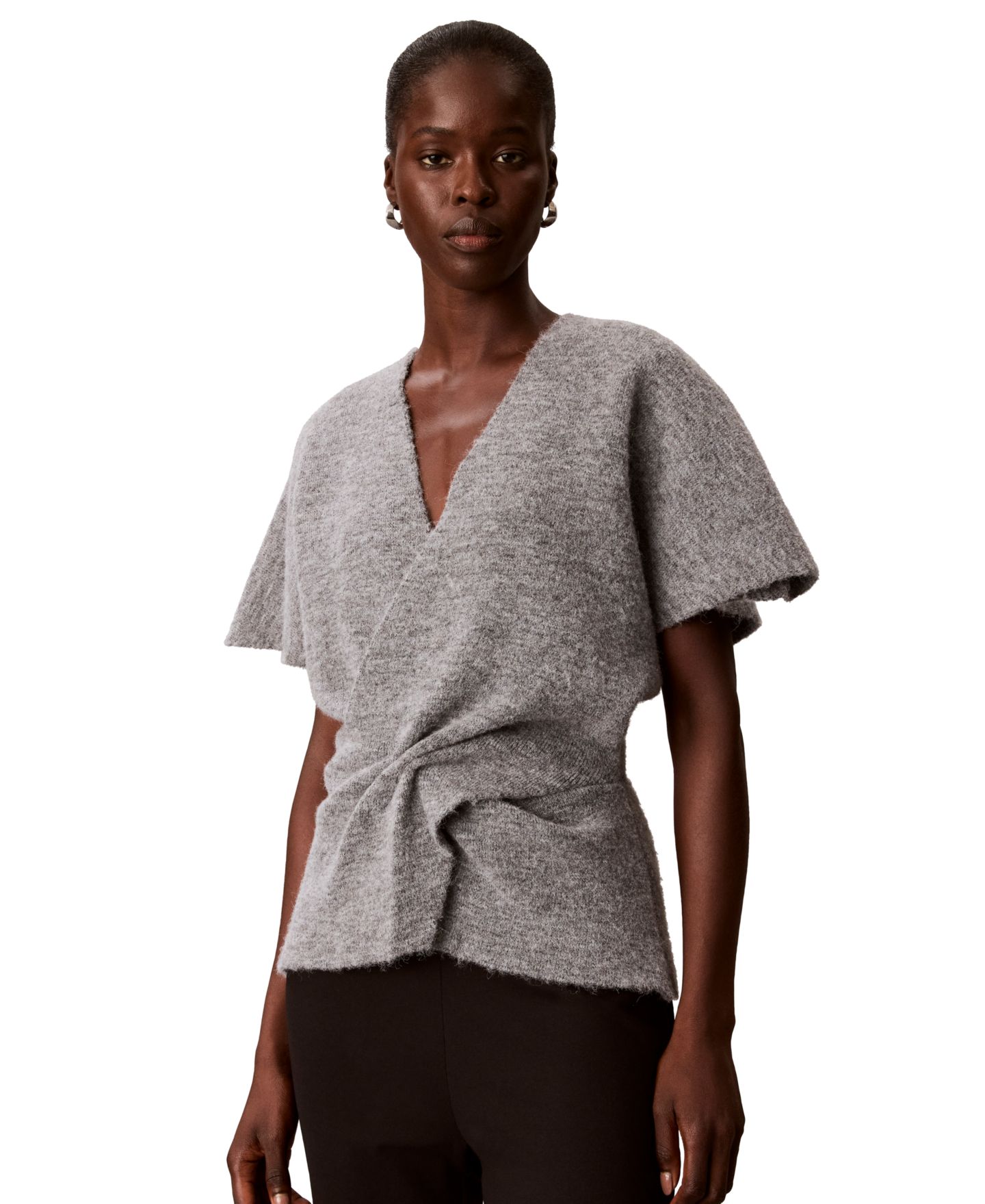 Женский свитер Calvin Klein Twist-Knot V-Neck Short-Sleeve Fitted, цвет: Средний меланжевый серый, вариант 1 — фото 1