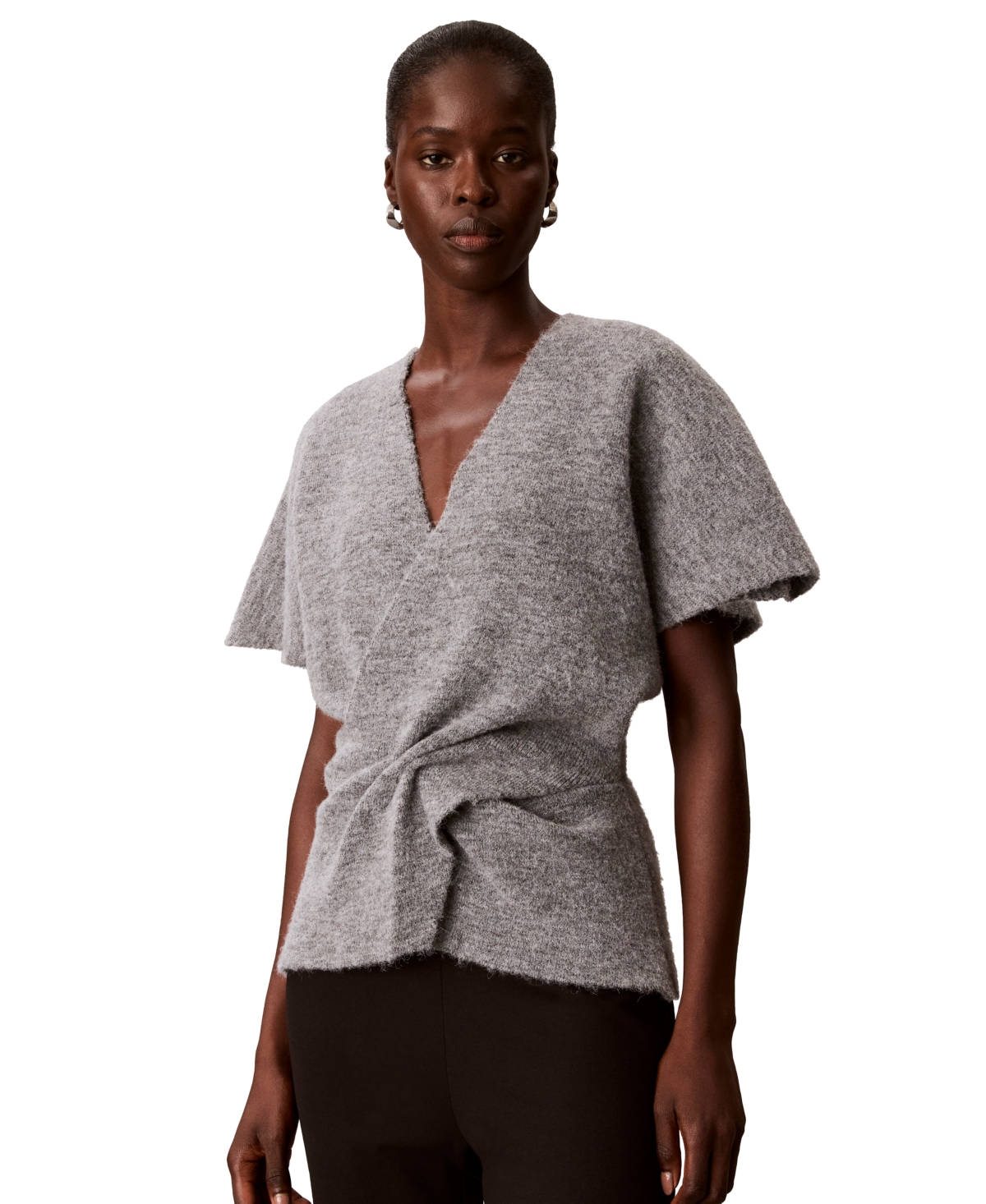 Calvin Klein Women's Twist-Knot V-Neck Short-Sleeve Fitted Sweater