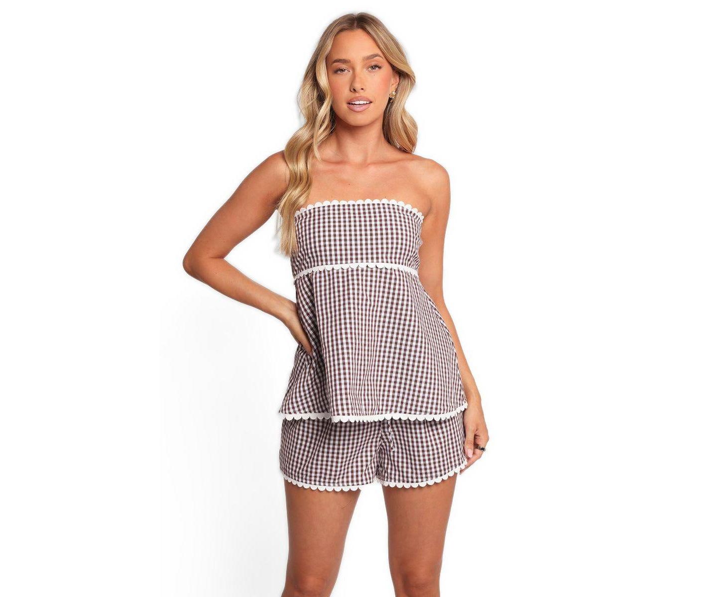 Женский комплект Petal and Pup Kyle Gingham High-Waisted Top and Shorts, 2-Piece Set, цвет: Шоколадный в мелкую клетку — фото 1