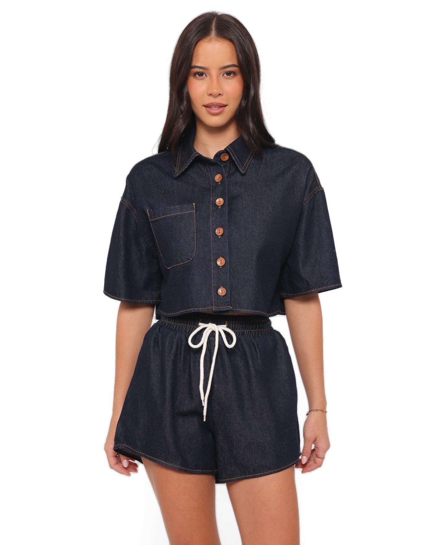 Женский комплект Petal and Pup Bels Collared Denim Top and Shorts, 2-Piece Set, цвет: Индиго — фото 3