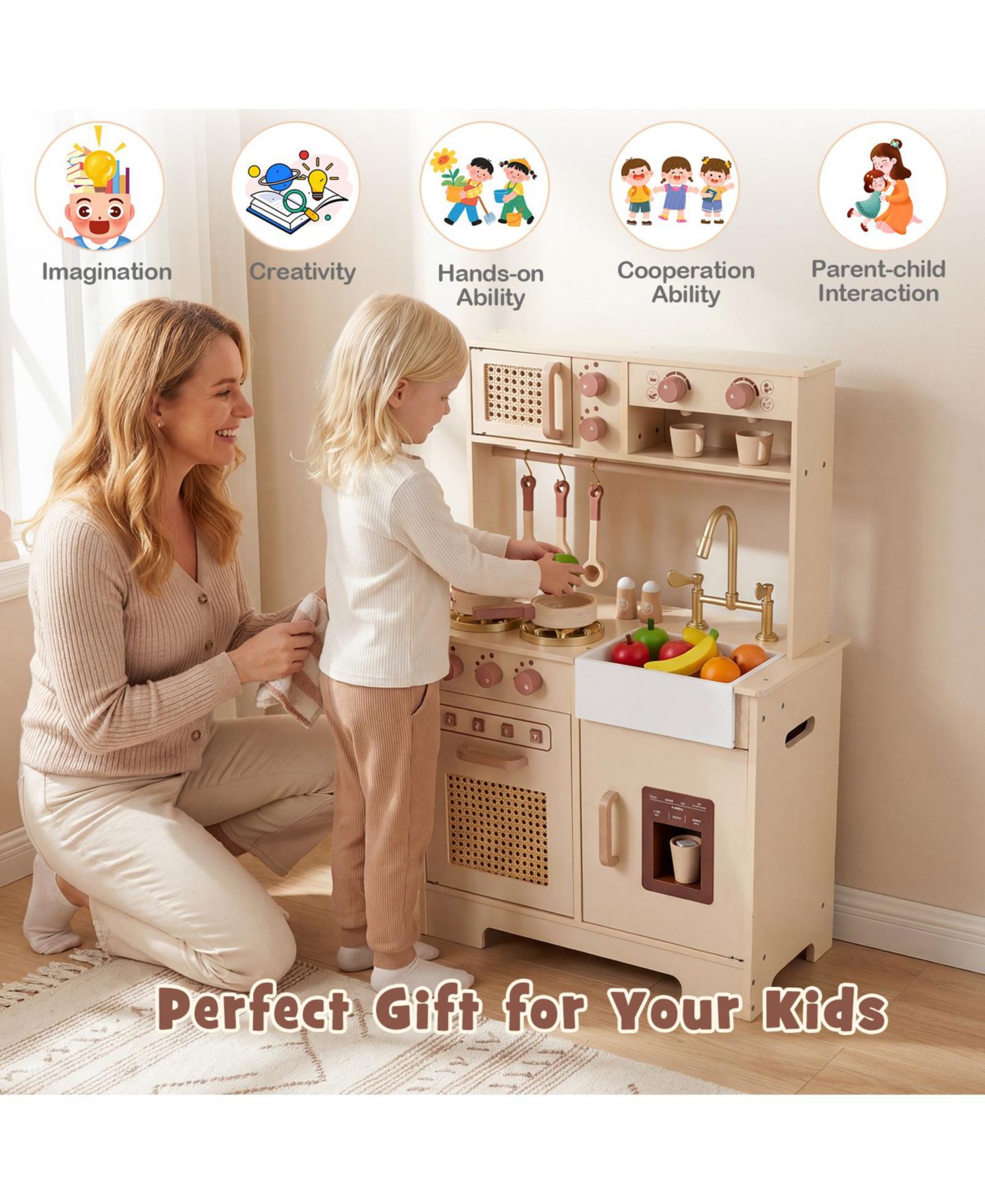 Детская игрушка Costway Wooden Kids' Play Kitchen with Lights and Sounds, Ages 3+, цвет: Жёлтый — фото 8