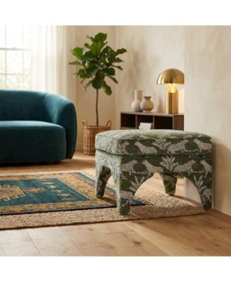 Olive Green Leopard Jacquard Ottoman, Bold Patterned Statement Seat