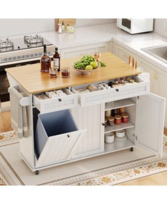 Rolling Kitchen Island Cart 55 Inch with Drop Leaf Spice Rack Towel Rack Knife Holder Trash Can Storage for Kitchen