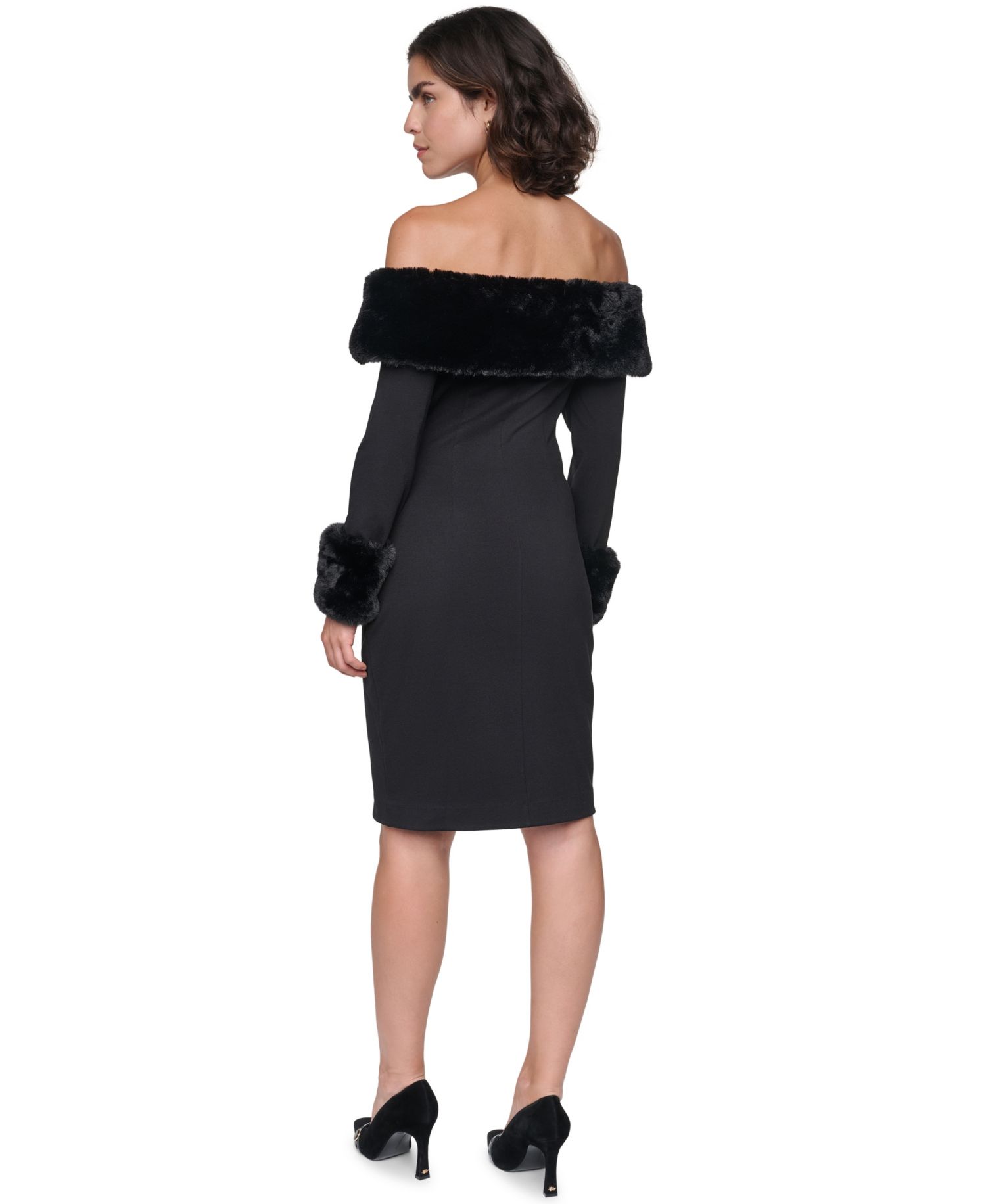 Women's Off-the-Shoulder Faux Fur-Trim Long-Sleeve Dress