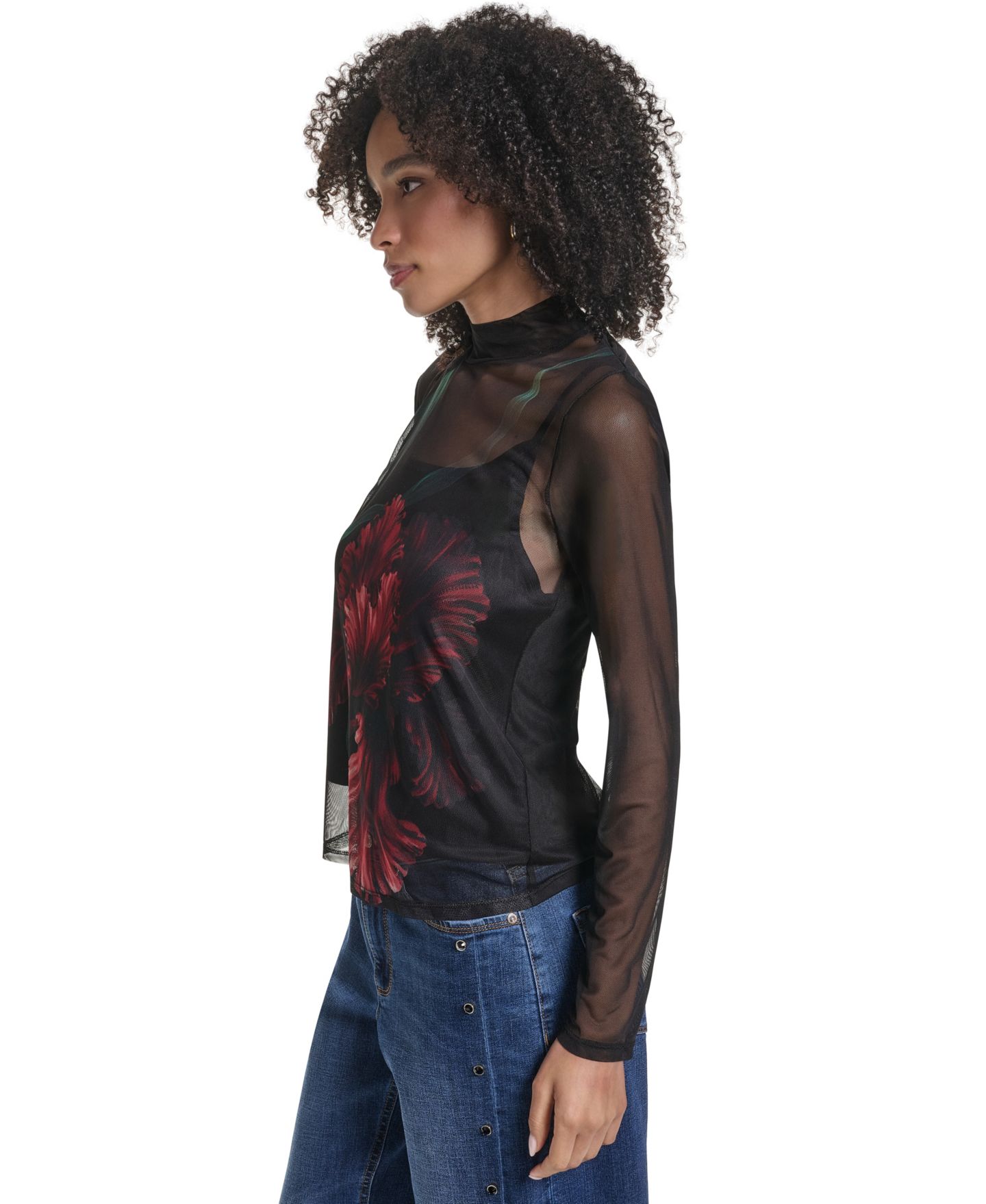 Женский топ KARL LAGERFELD PARIS Sheer Long-Sleeve Floral-Print Mesh, цвет: Чёрный / Красный разноцветный — фото 3