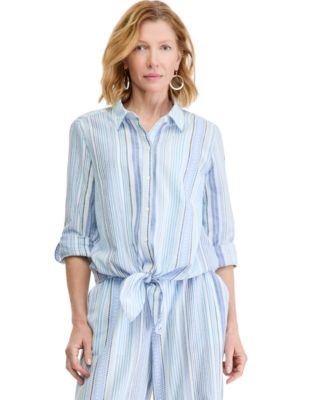 Women's Striped Long-Sleeve Tie Front Shirt