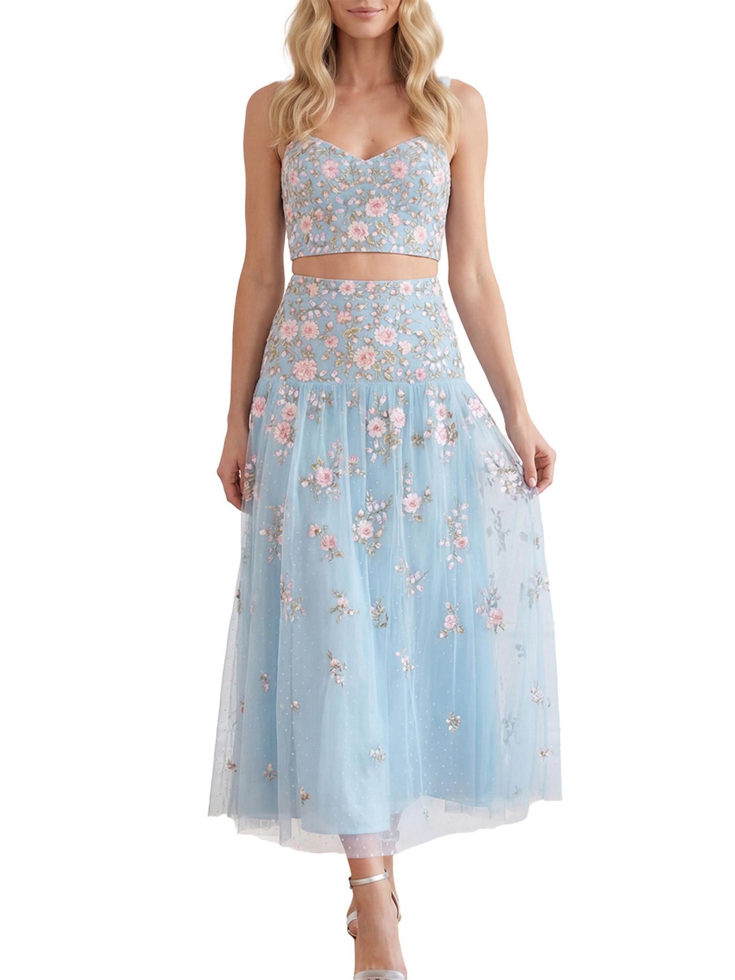 Женская юбка Needle & Thread Eden Rose Floral-Print High-Waisted Maxi, цвет: Аквамариновый / Разноцветный — фото 2
