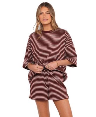 Women's Hellen Stripe Crew Neck T-Shirt and Shorts, 2-Piece Set
