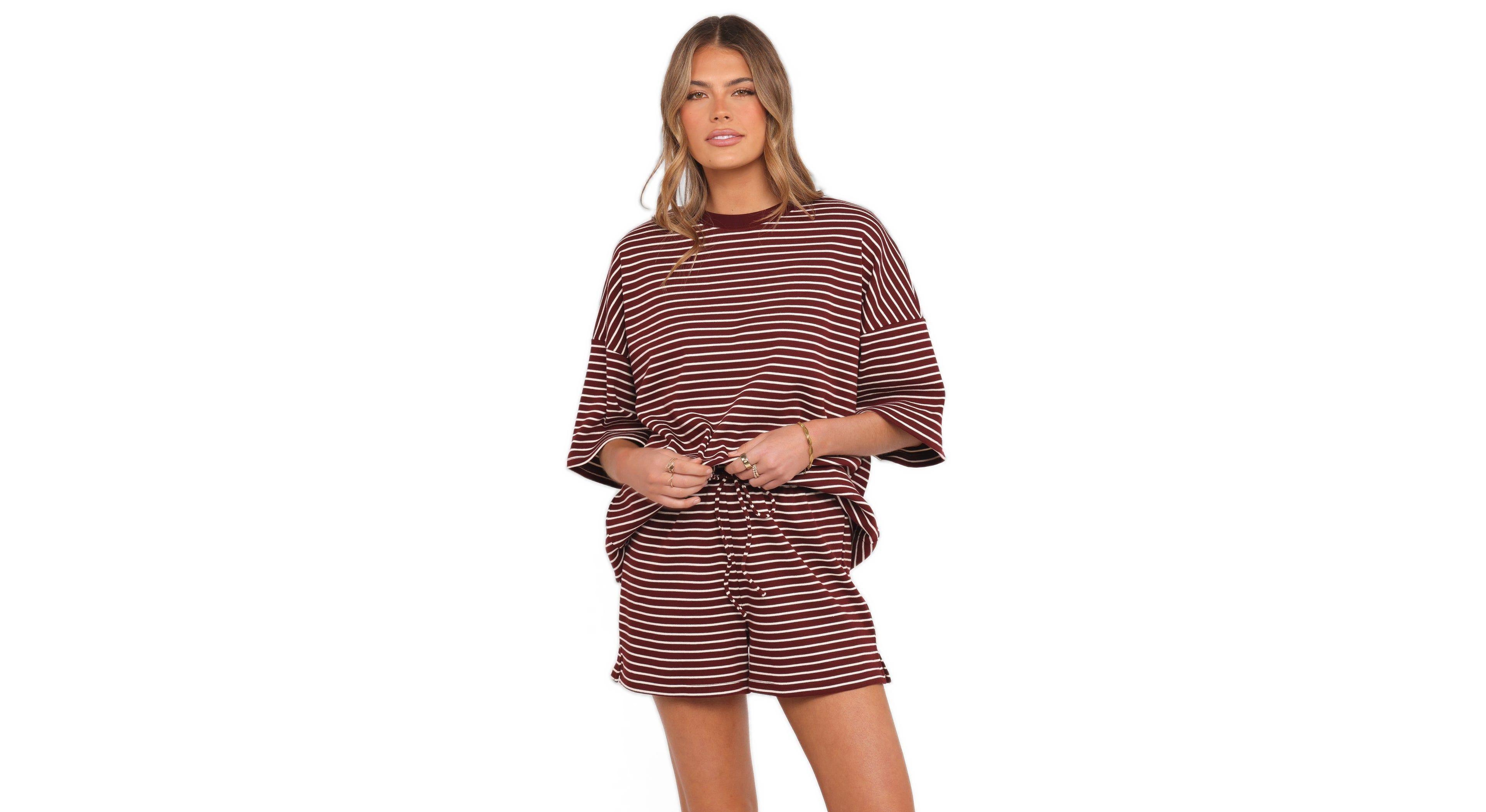 Petal and Pup Women's Hellen Stripe Crew Neck T-Shirt Shorts, 2-Piece Set
