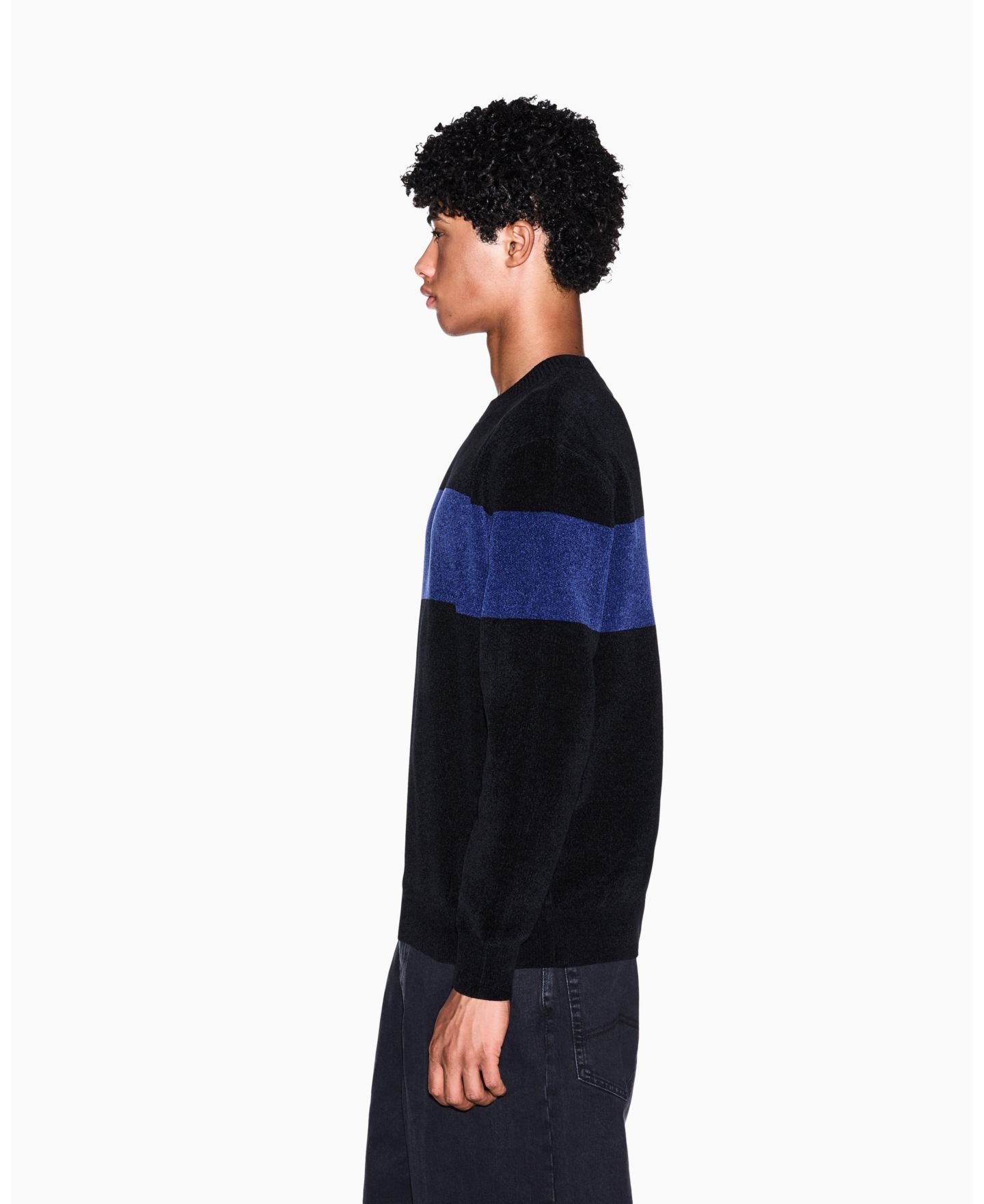 Мужской свитер A|X Armani Exchange из синели с длинным рукавом, колор-блок, круглый вырез, цвет: Чёрный синий — фото 8