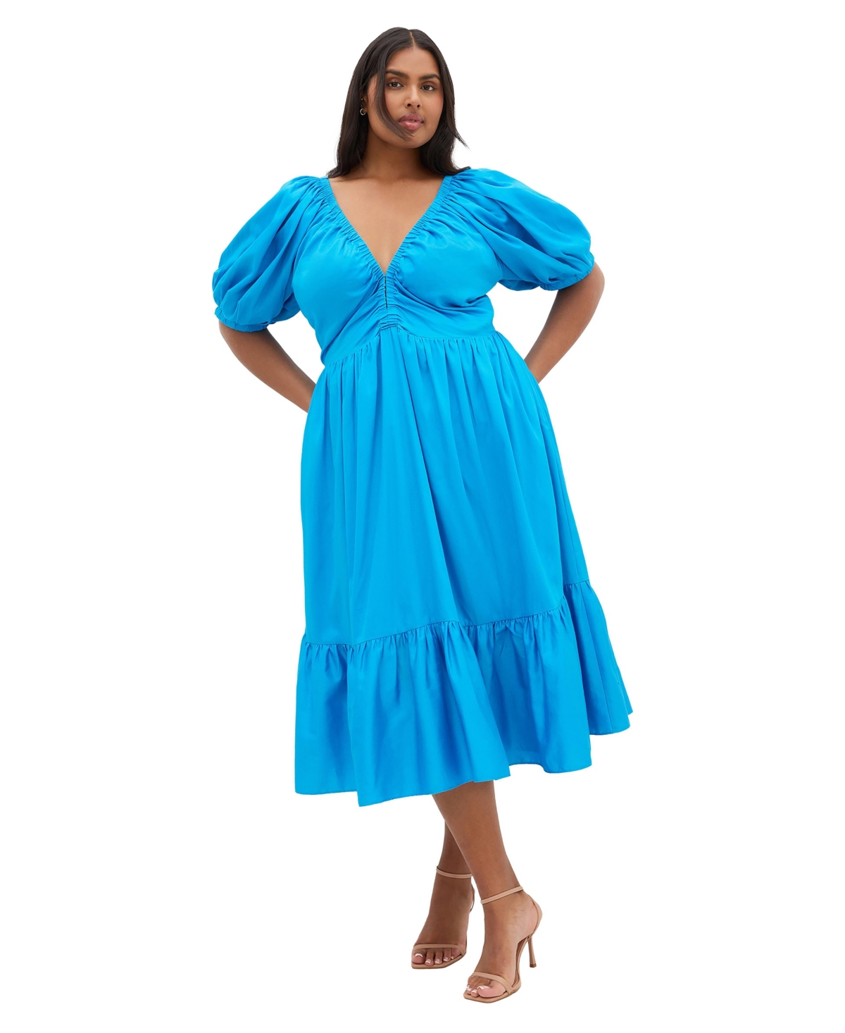 City Chic Plus Gracie V-Neck Puff Sleeve Cotton Dress