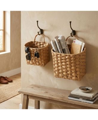 Wicker Hanging Storage Baskets Set of 2, Handwoven PVC Rattan with Handles, Farmhouse Style for Living Room Bedroom Balcony, Natural