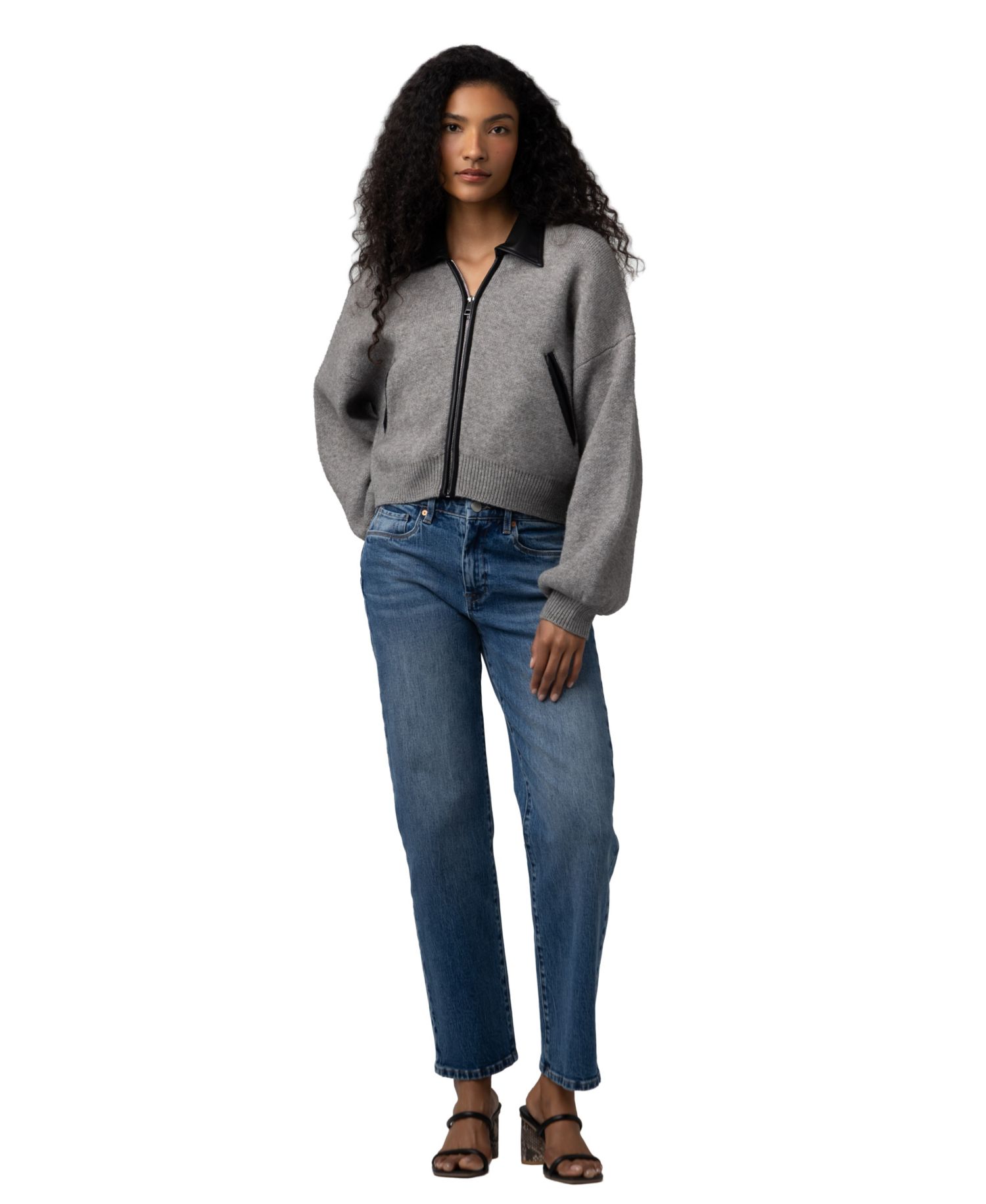 Women's Cropped Full Zip Faux Leather Trim Cardigan Sweater