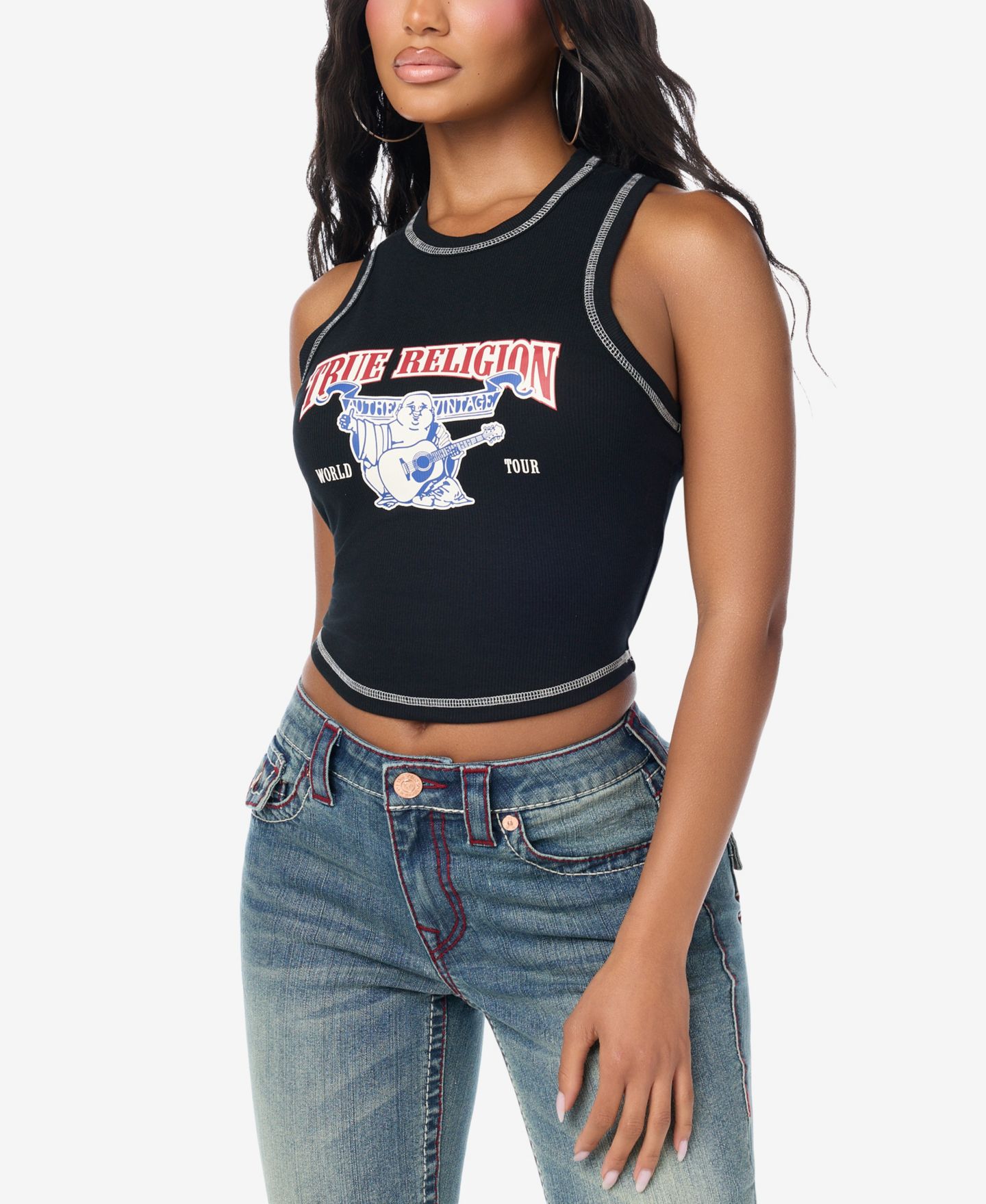 Женская укороченная майка True Religion Racer с принтом, цвет: Угольно-чёрный — фото 2