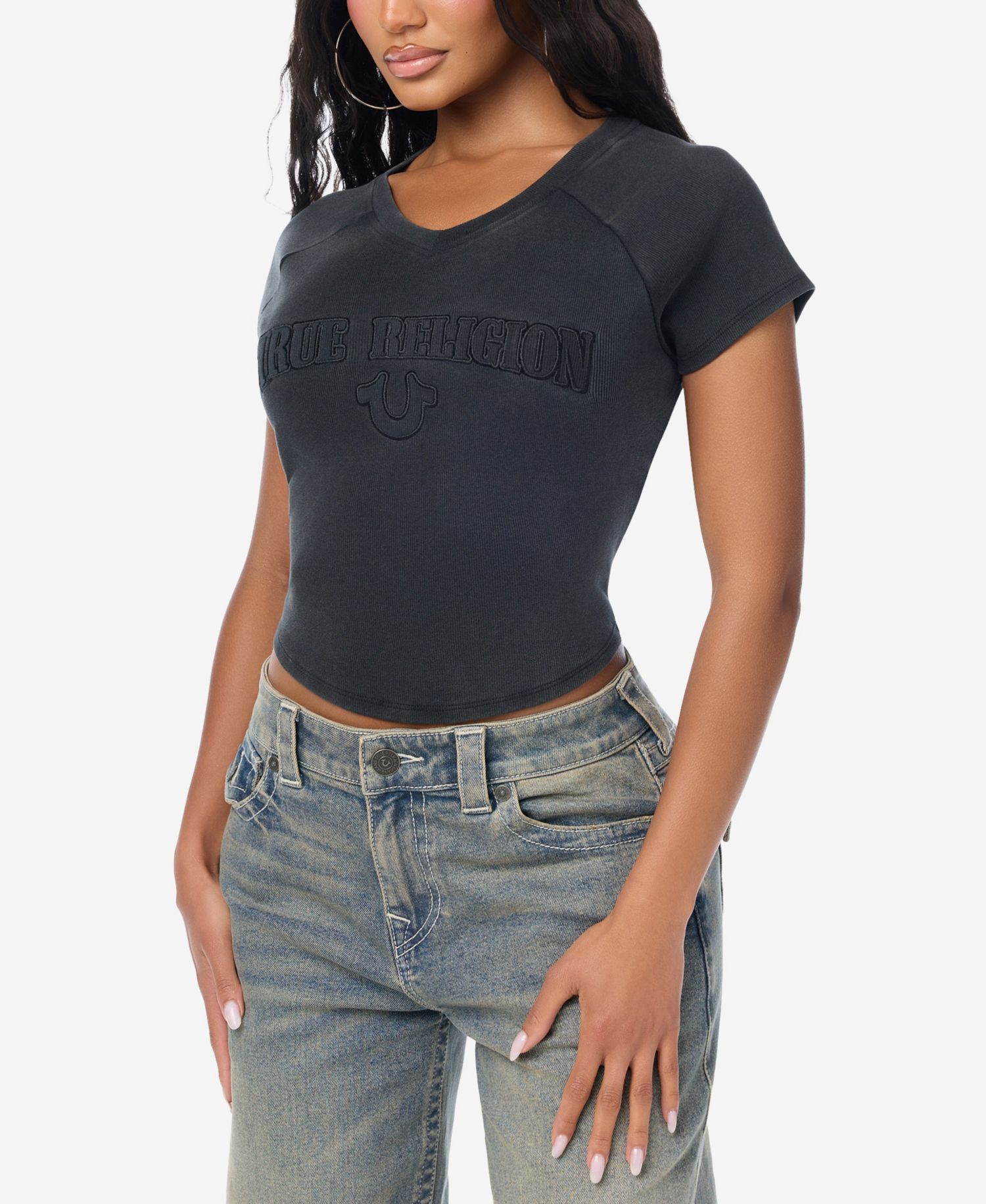 Women's Embroidered Washed Rib Baby Short-Sleeve V-Neck Crop T-Shirt