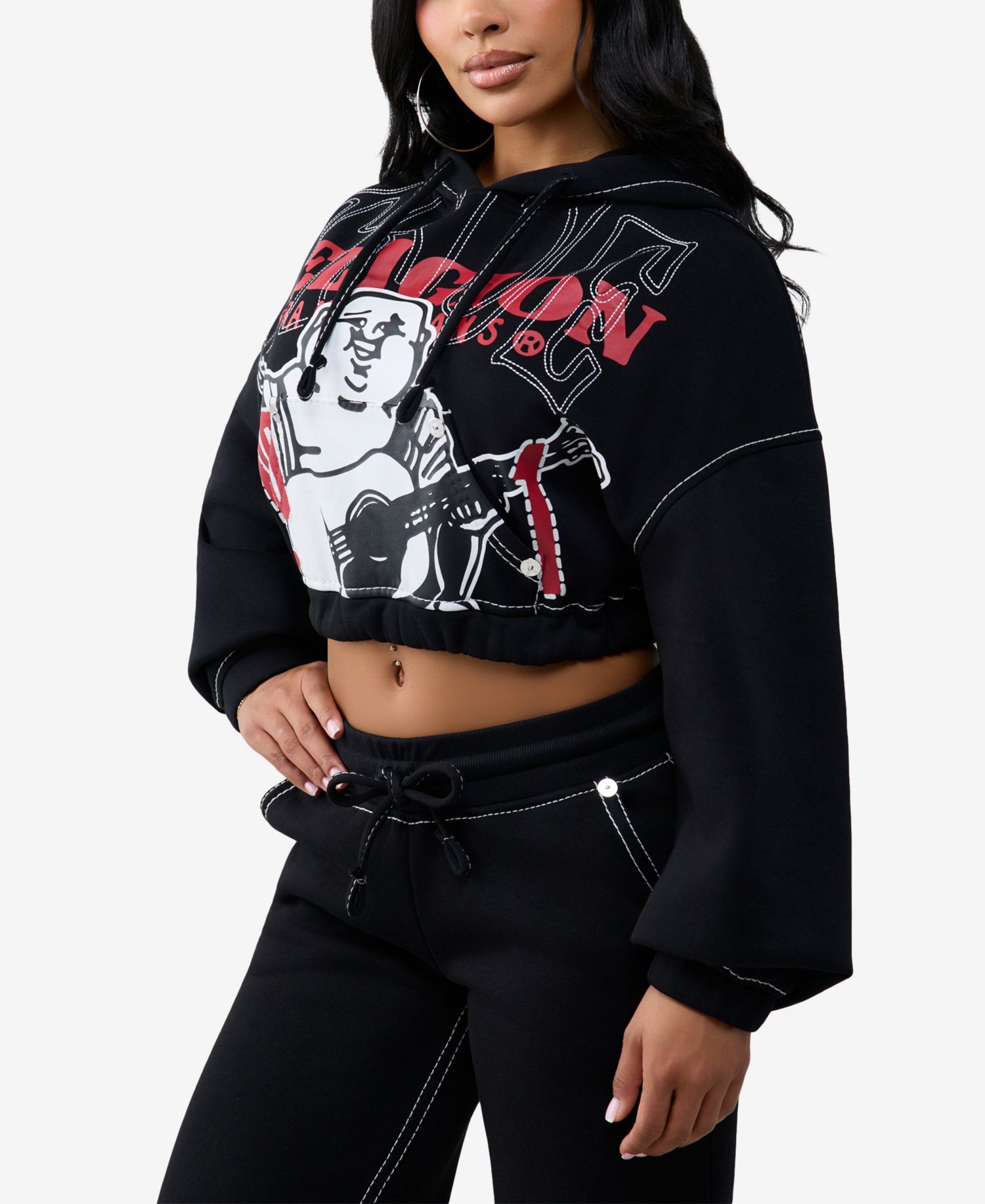 Women's Cropped Graphic Zip-Up Cotton-Blend Long-Sleeve Hoodie