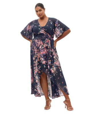 Women's Plus Size Lovers Lane Floral-Print V-Neck High-Low Dress