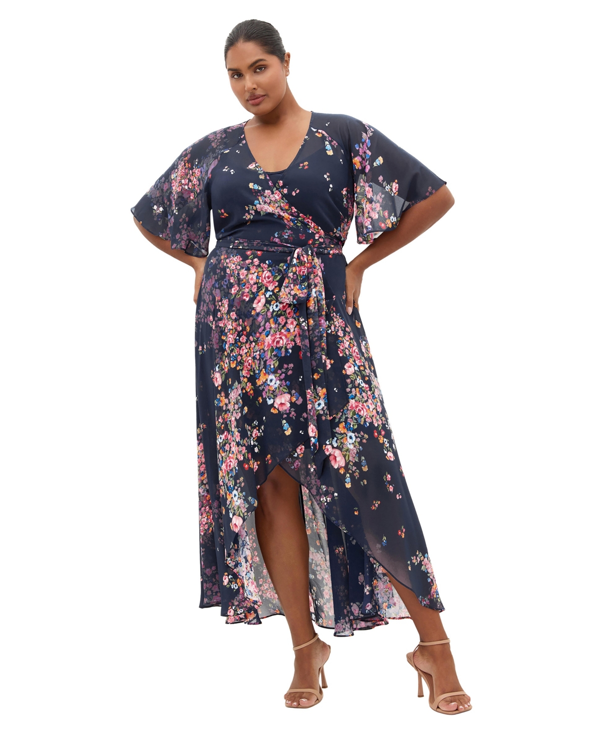 City Chic Women's Plus Size Lovers Lane Floral-Print V-Neck High-Low Dress - Royal blue