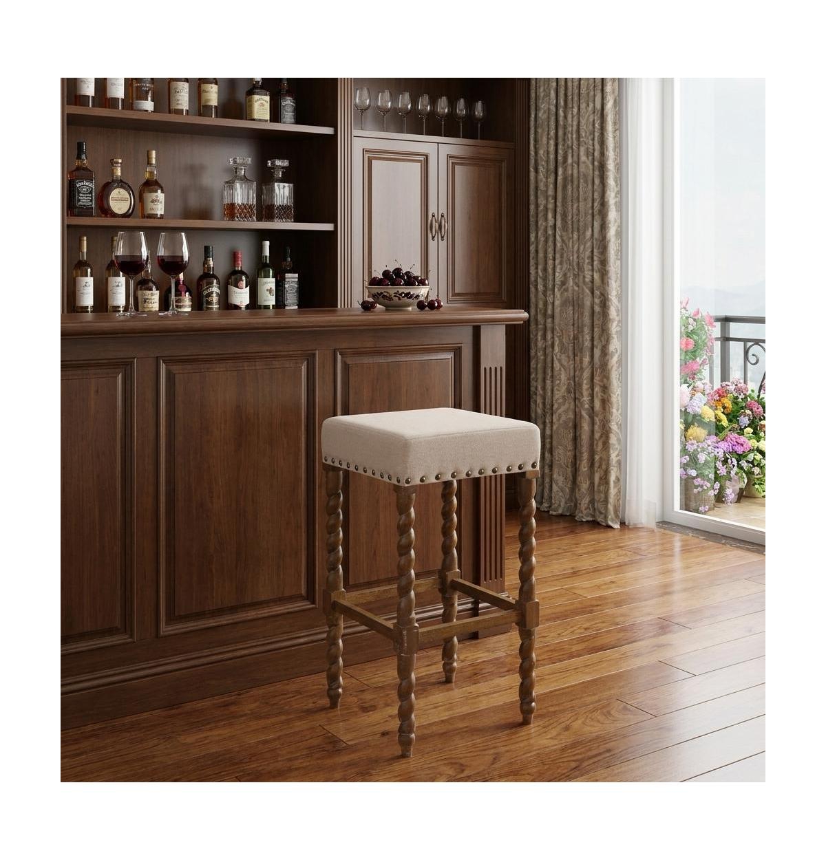 HomeRoots 30" Fabric And Solid Wood Backless Bar Height Bar Chair