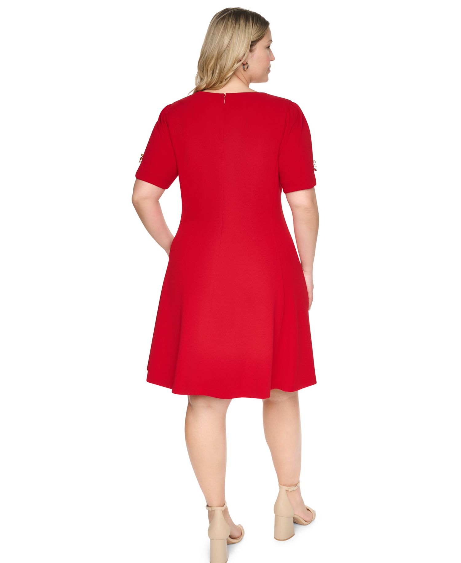 Plus Size Puff Sleeve Fit & Flare Jewel Neck Dress