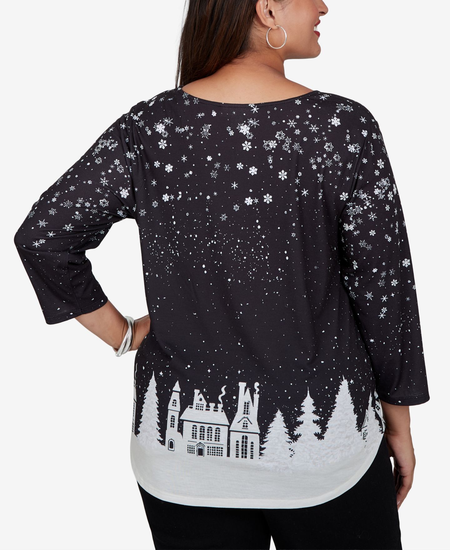 Женская футболка Ruby Rd. Plus Size Snowflake Crewneck 3/4-Sleeve, цвет: Чёрный разноцветный — фото 5