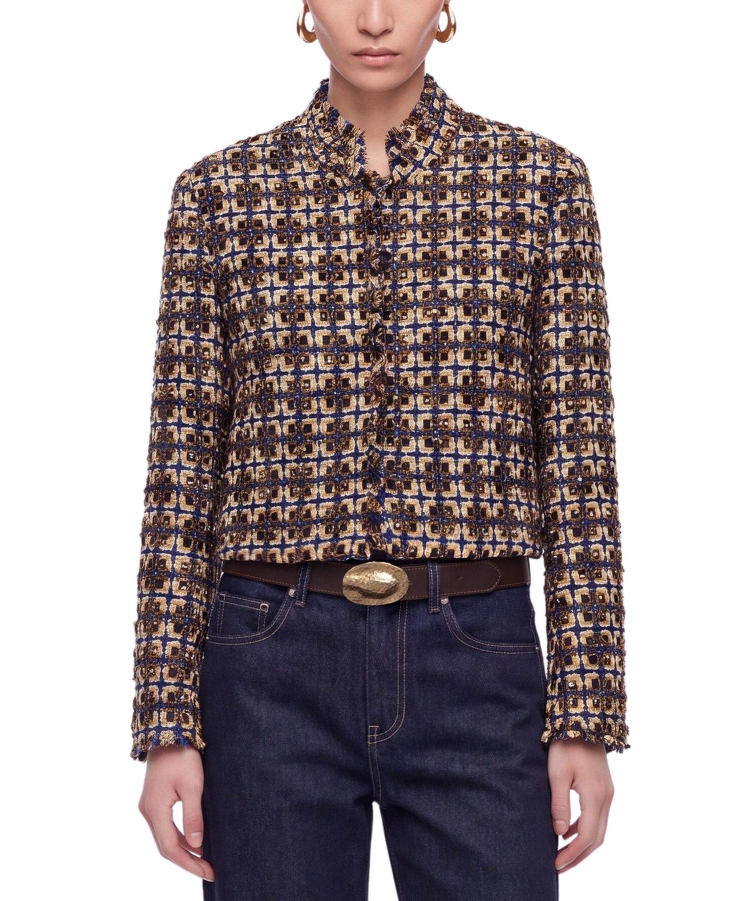 Women's Cropped Tweed Frayed-Edge Jacket
