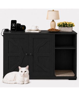 Cat Litter Box Enclosure,Cat House, Fits Self-Cleaning Litter Box, Dog Proof Cat Cabinet With Side Outlet And 5 Ft Cord, Cross Frame Design