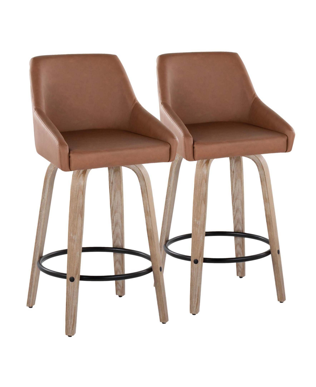 Hannah 26 in. Transitional Fixed-Height Counter Stool with Swivel in Whitewashed Wood & Camel PU Leather with Round Black Metal Footrest - Set of 2