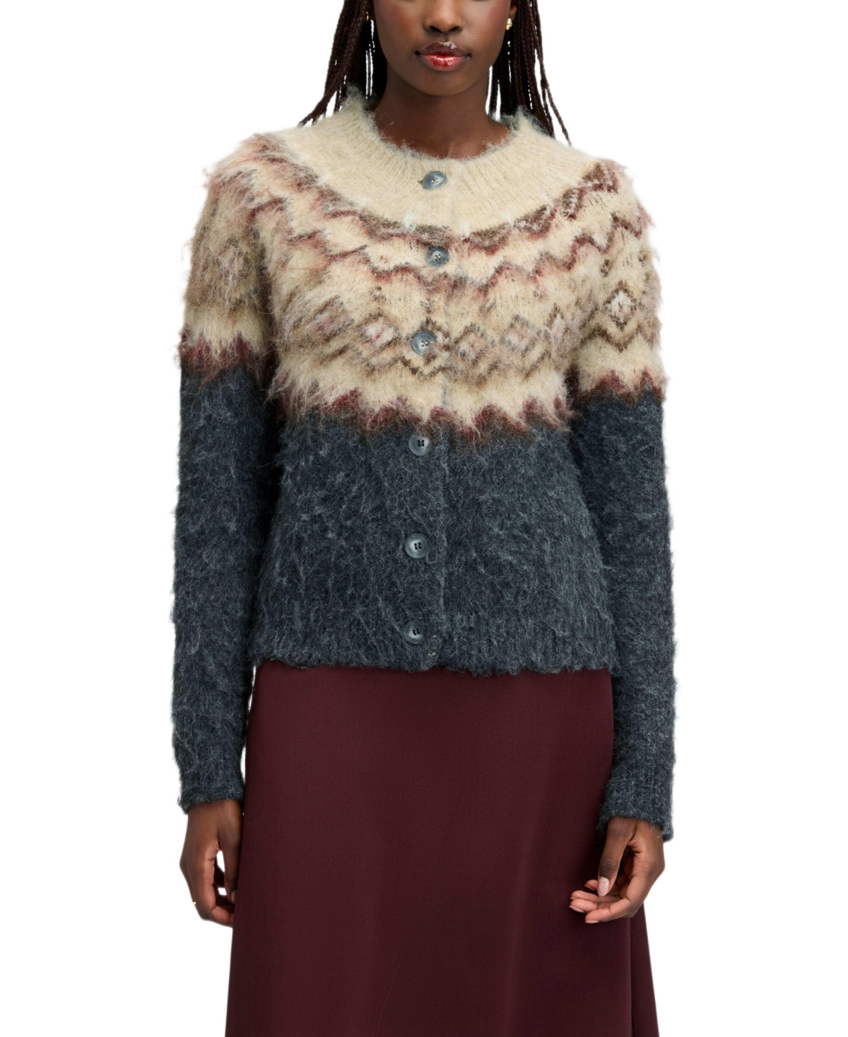 Sam Edelman Women's Brushed Fair Isle Crewneck Cardigan Sweater