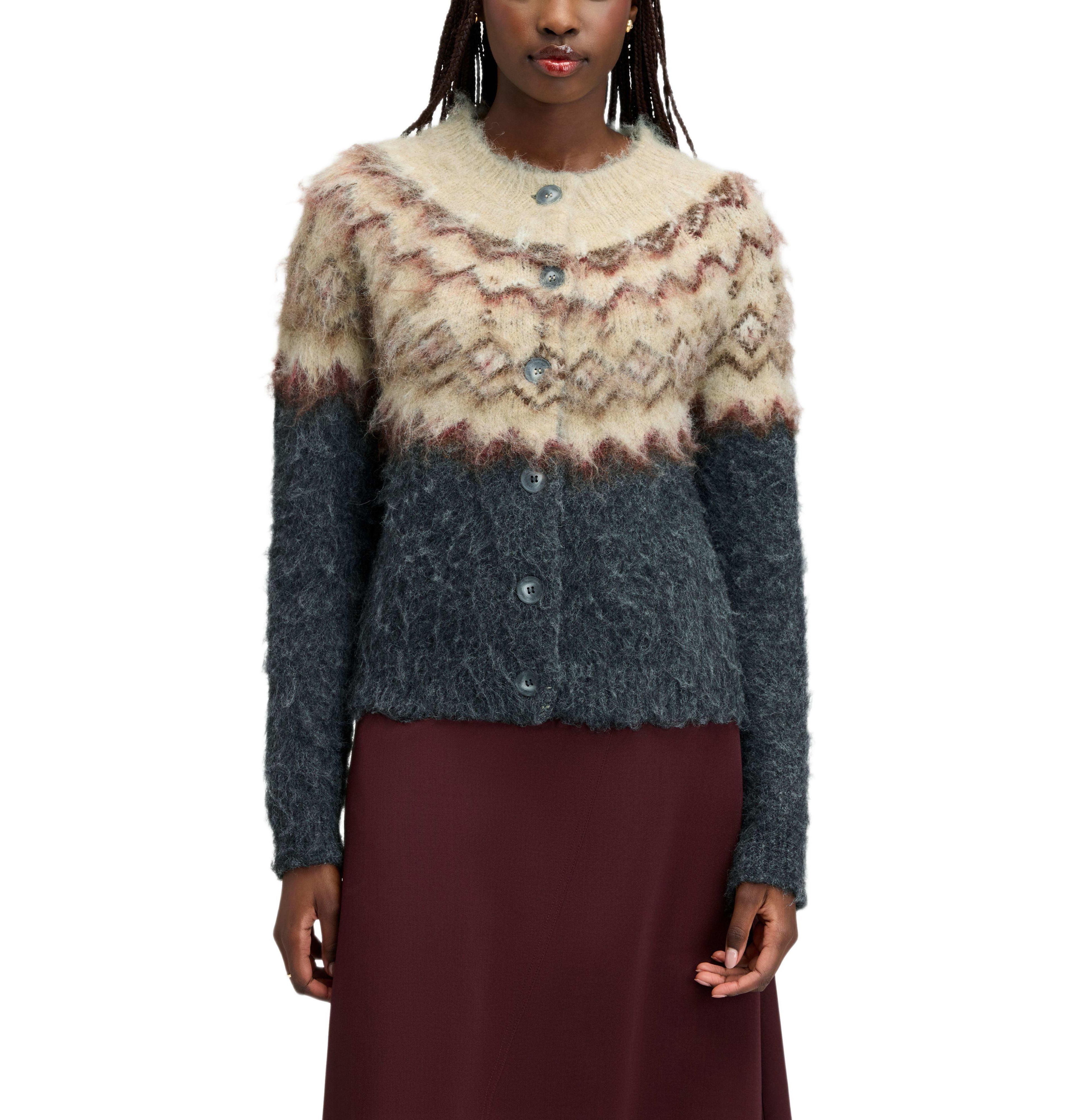 Sam Edelman Women's Brushed Fair Isle Crewneck Cardigan Sweater